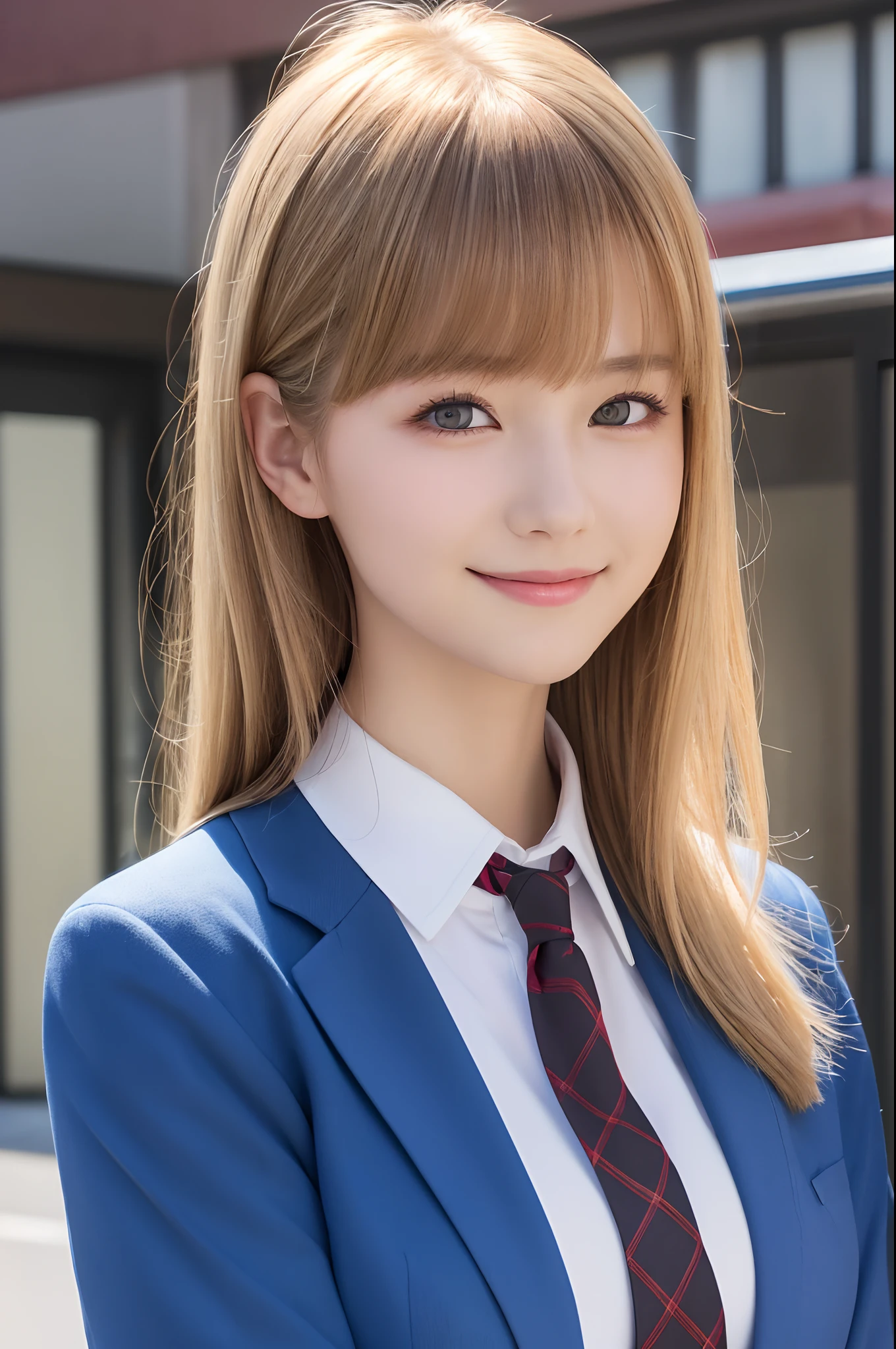 masutepiece,Best Quality,Ultra-detailed,finely detail,hight resolution,in 8K,((Photorealsitic:1.4,Raw photography,超A high resolution,Top image quality:1.4)),masutepiece、Best Quality、 ultra-detailliert、hight resolution、8K Wallpapers、Perfect dynamic composition,、Beautiful detailed eyes、(Beautiful breasts:1.1) 、Blue Blazer、student clothes、white shirt、red necktie、Plaid brown skirt、1girl in、a beauty girl、High school students、Blonde head hair、(a blond)Shorthair、Hide your left eye with hair、Red Eyes、ssmile、A smile