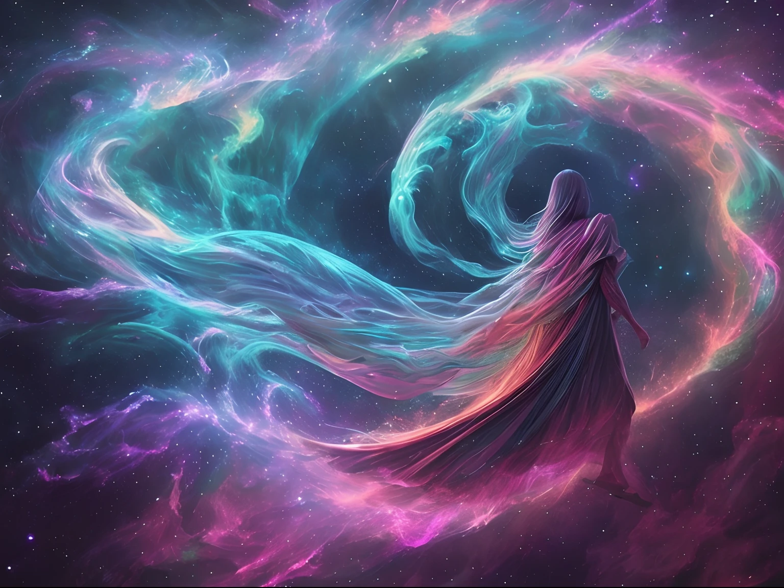 inconceivable and spectacular a scene of emergence of a figure from the glowing cloud, fractal nebula threads, cosmic entities, celestial, cosmic, vibrant and vivid, swirls, twirling, unrealistic, high contrast, symobolism, magical, mystical, mystifying, hyperrealistic, oversaturate, colorfully