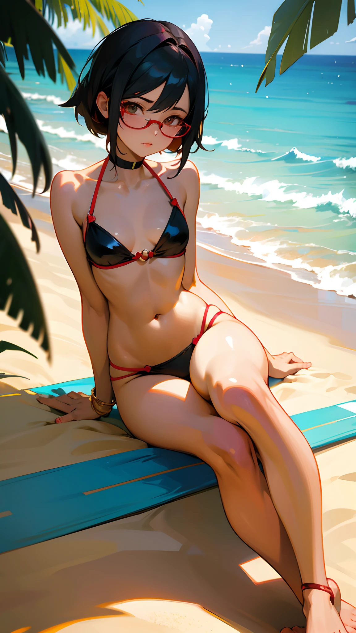 Sarada Uchiha, (best quality, highres:1.2), ultra-detailed, realistic, portraits, vibrant colors, beachy vibes, golden hour lighting, bikini, stunning curves, soft sand, refreshing waves, tropical paradise, exotic foliage, summer breeze, seductive expression , sexually suggestive, Seductive posing, full body, thighs, legs, cute feet , small breasts, flat chest , short silky black hair , red glasses --auto