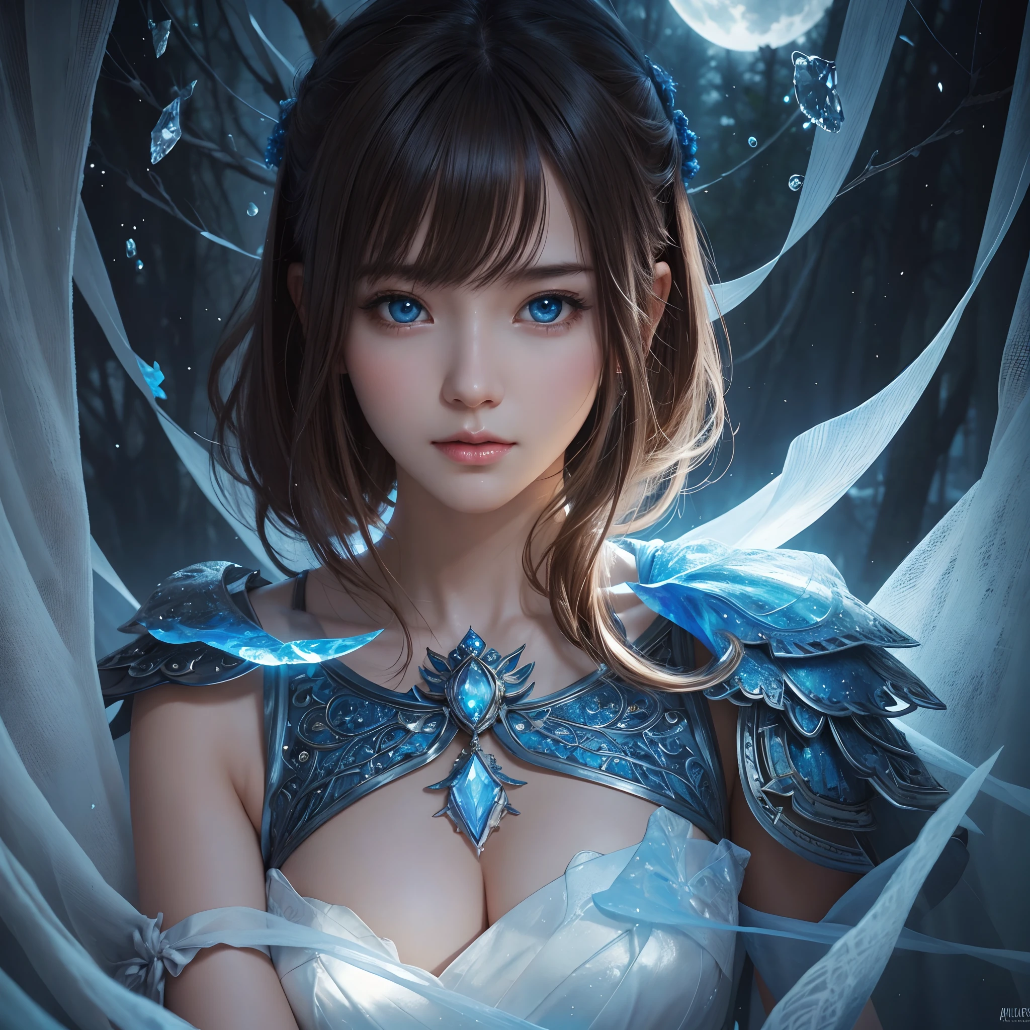 hightquality、8K Ultra HD、fullllbody、16-year-old woman、robe blanche、light brown hair、Blue eyes、(In the background is a lovely healing forest and a waterside)、cute little、Beautiful fece、portlate、Moonlight、Crystal Brilliance、art by:Alberto Seveso、Symmetrical、Abstract art style、Complex and intricate watercolor painting 、digitial painting、concept-art、Volumetric lighting、TanvirTamim、metal reflective、2d render、8K。 by artgerm、Trending on ArtStation