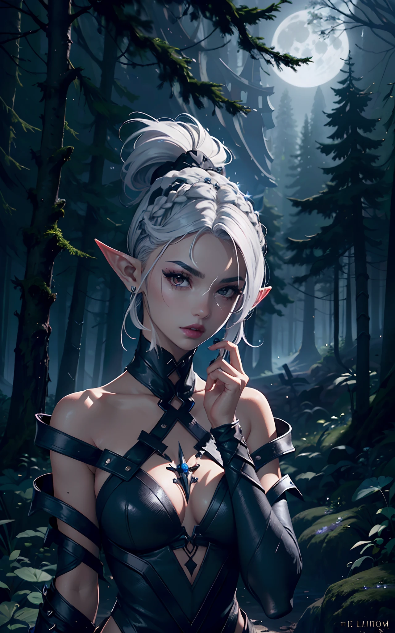 (Dark elf witch), the face of zendaya:Dua lipa, pointy ears, grey skin, white hair, (high top fade haircut), (one braid in one side of the head), masterpiece, dark forest in the background, fog, in the night, full moon ligth, 8k, detailed digital art.