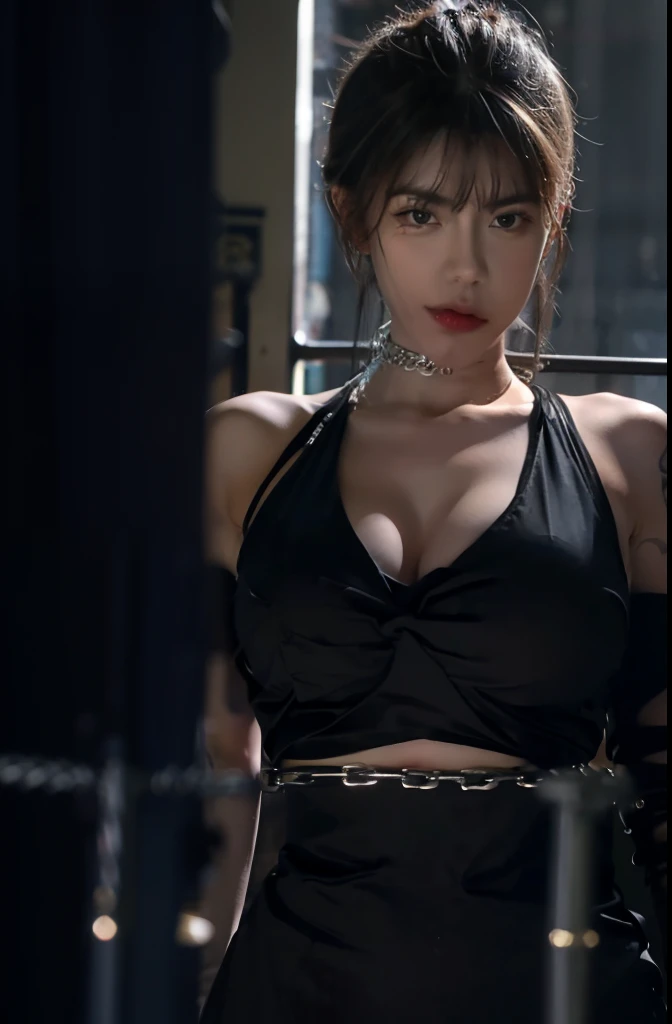 Black Corset, Bondage, (in prison cell), Chained Woman, Full Body, ((arm behind back)), Chained Chain, ((Best Quality, 8k, Masterpiece: 1.3)), Sharp Focus: 1.2, Beautiful Woman in Perfect Shape: 1.4, Slender Abs: 1.2, ((Layer Cut, Big: 1.2)), (Rain, Street: 1.2), Wet Body: 1.5, Highly detailed face and skin texture, detailed eyes, very short hair, BDSM, slave, rubber,