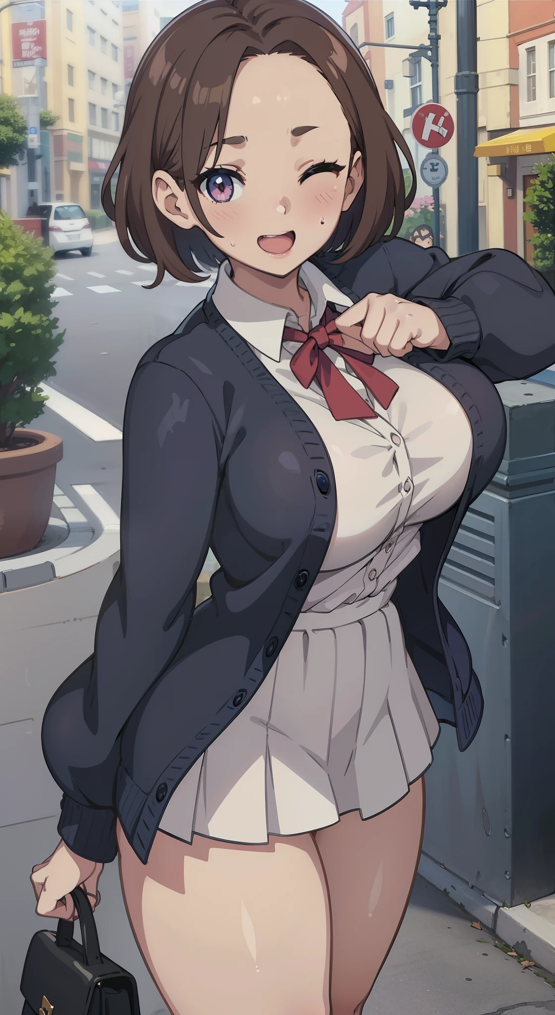 (a closeup、16 K、top-quality、high detailing、rich skin detail、nffsw)、NSFW、Watch everywhere、obedience、a matural female、:D、Surprised、One eye is closed、Wavy mouth、(((very Bigger breasts)))、Parted bangs、School uniform、Navy blue pleated skirt、Cream cardigan、Pink Panties、brown haired、Brown-eyed、((short-hair))、((Forehead))、blushed、(big butts)、(thick thighs)、Sweat、In the street