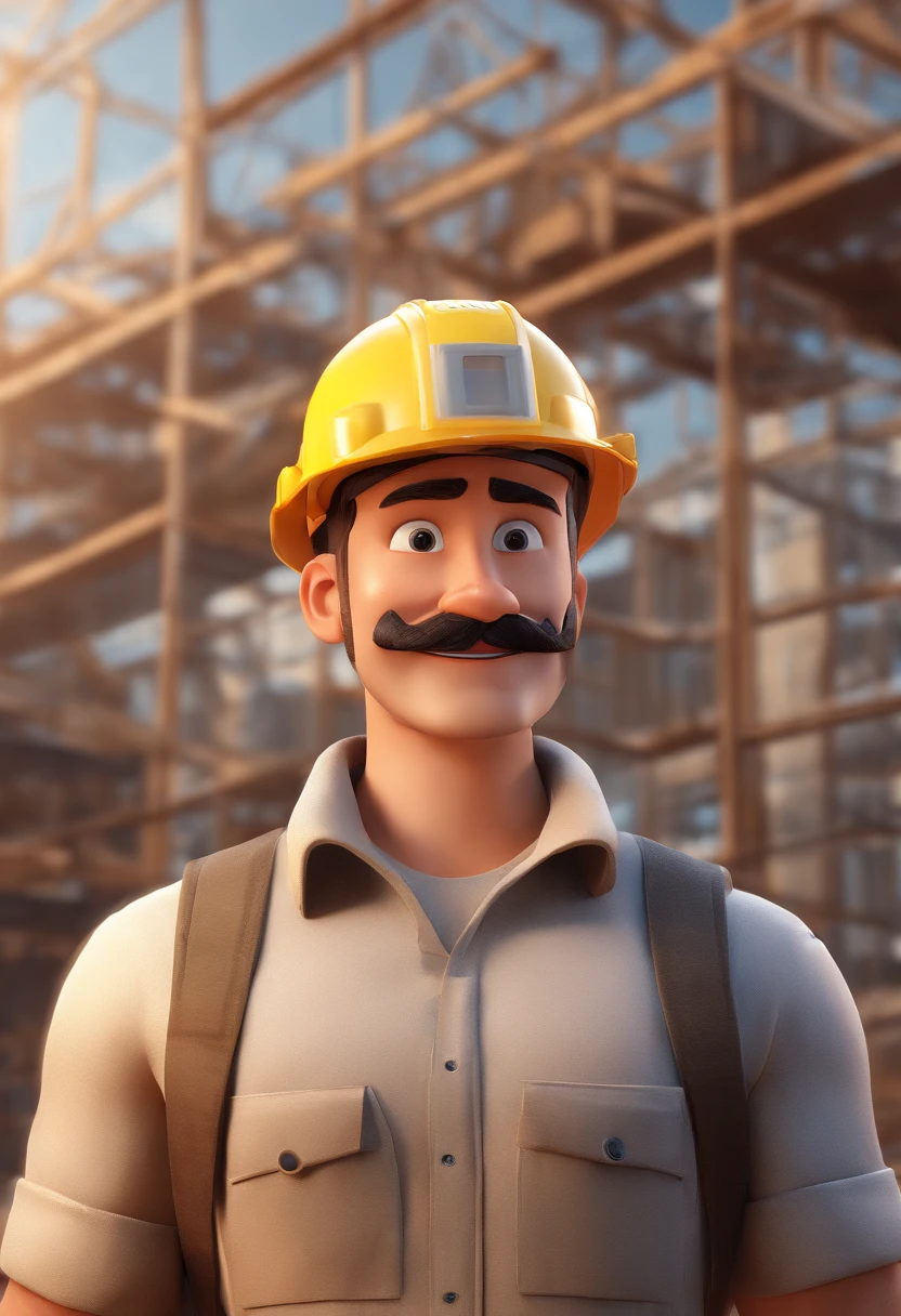Estilo Pixar: Brown-eyed man with construction helmet on his head, 27 anos com bigode marrom escuro, , brinco na orelha direita, folded arms, tattoo on upper arm, socom camisa branca, in a building under construction