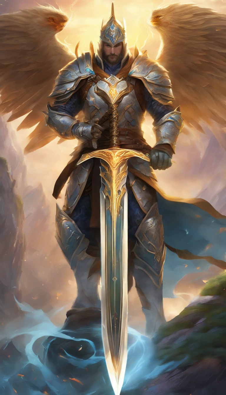 (best quality,4k,8k,highres,masterpiece:1.2),ultra-detailed,realistic,mastersword,legendary weapon,precise craftsmanship,detailed hilt,sharp blade,properly proportioned,beautifully textured,mythical sword,iconic symbol,hero's weapon,forged by the gods,sword of destiny,enchanted blade,glowing blue aura,legendary battles,ultimate power weapon,destined to defeat evil,classic video game weapon,masterful design,intricate engravings,powerful artifact,impeccable quality craftsmanship,striking and elegant,centerpiece of the artwork,shimmering with divine energy,sharp enough to cut through anything,radiating strength and power,fit for a true hero,artistic homage to the game,signature weapon of the hero,pristine metalwork,exquisite attention to detail,colorful gems embedded in the hilt,legendary legacy,unbreakable and indestructible:focus on the blade's reflections and highlights,create an atmosphere of reverence and awe,showcase the iconic sword in a dynamic pose and perspective,bring out the mythical essence and power of the Mastersword.