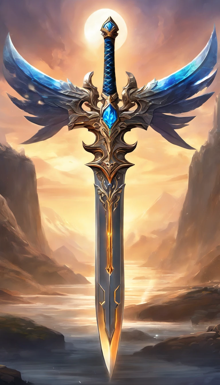 (best quality,4k,8k,highres,masterpiece:1.2),ultra-detailed,realistic,mastersword,legendary weapon,precise craftsmanship,detailed hilt,sharp blade,properly proportioned,beautifully textured,mythical sword,iconic symbol,hero's weapon,forged by the gods,sword of destiny,enchanted blade,glowing blue aura,legendary battles,ultimate power weapon,destined to defeat evil,classic video game weapon,masterful design,intricate engravings,powerful artifact,impeccable quality craftsmanship,striking and elegant,centerpiece of the artwork,shimmering with divine energy,sharp enough to cut through anything,radiating strength and power,fit for a true hero,artistic homage to the game,signature weapon of the hero,pristine metalwork,exquisite attention to detail,colorful gems embedded in the hilt,legendary legacy,unbreakable and indestructible:focus on the blade's reflections and highlights,create an atmosphere of reverence and awe,showcase the iconic sword in a dynamic pose and perspective,bring out the mythical essence and power of the Mastersword.