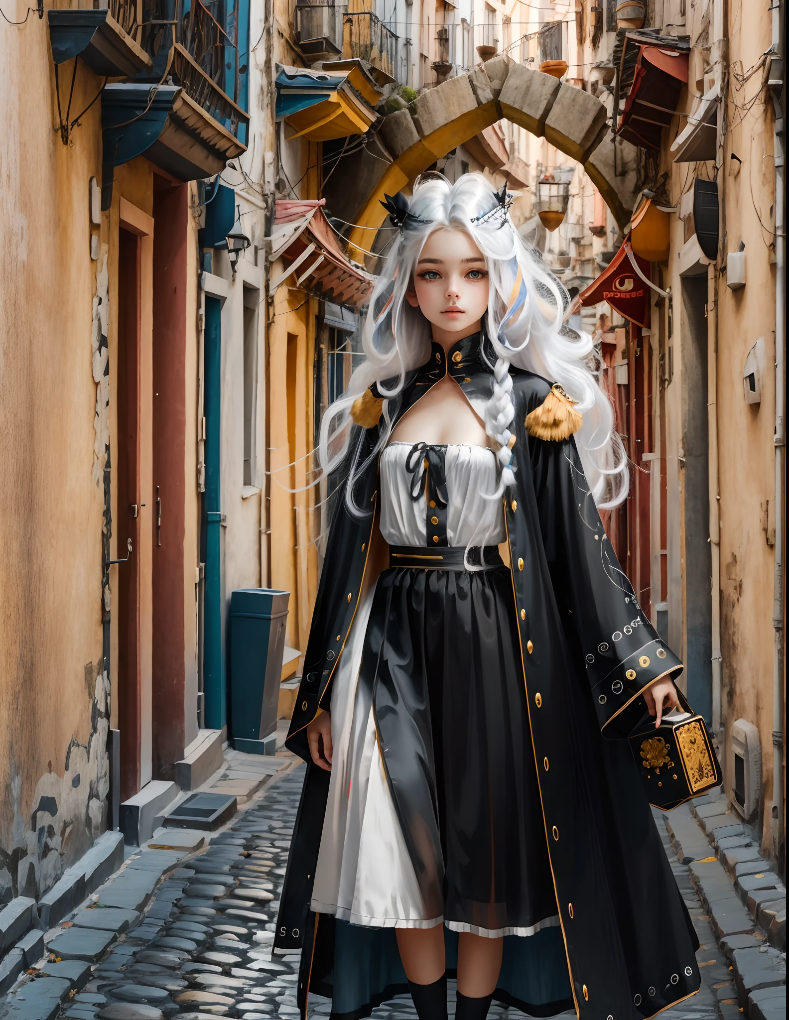 s girl,Raise one meter seven,long white hair,Heterochromic pupils,ancient costume,Standing in the streets and alleys of the city