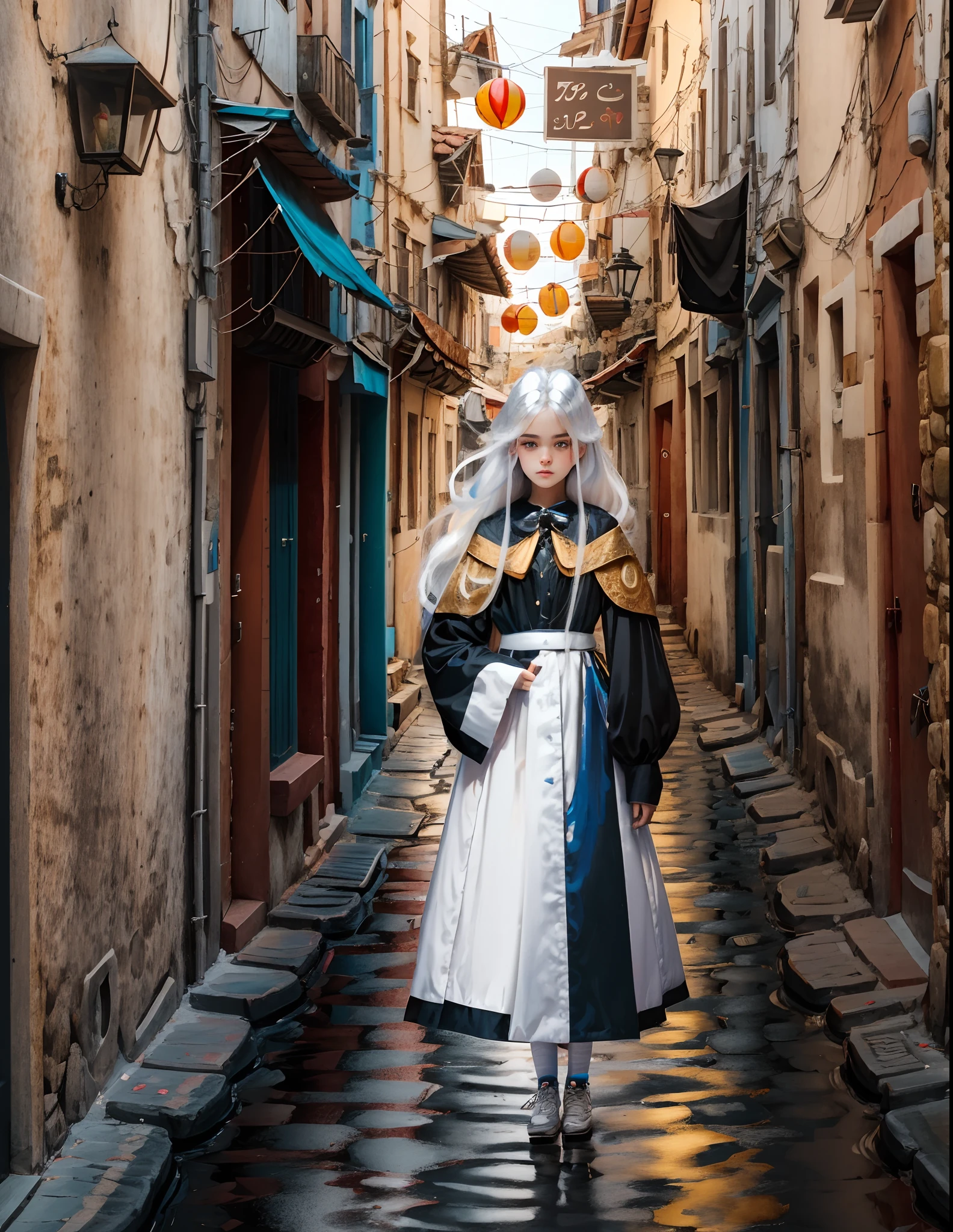 teens girl,Raise one meter seven,long white hair,Heterochromic pupils,ancient costume,Standing in the streets and alleys of the city