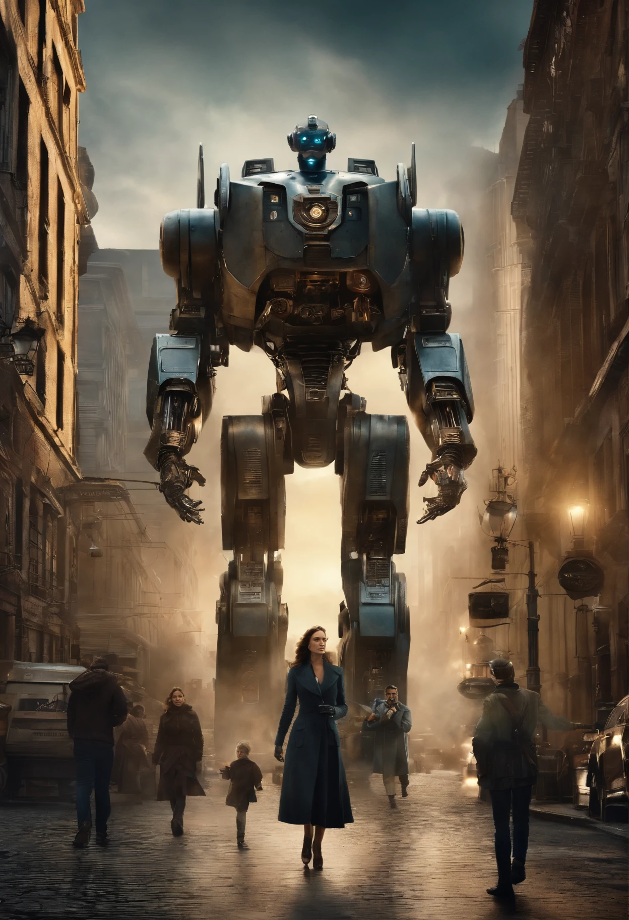 Arafed robot standing on a city street with a woman passing by, Directed by: Guillermo del Toro, Filme ainda de Gal Gadot, symmetrical dieselpunk warrior, big titan creature in the center, Directed by: Free Pejic, FilmStill, victorian setting, Directed by: Agustin Fernandez, Rorschach, Dos Vingadores (2012)
