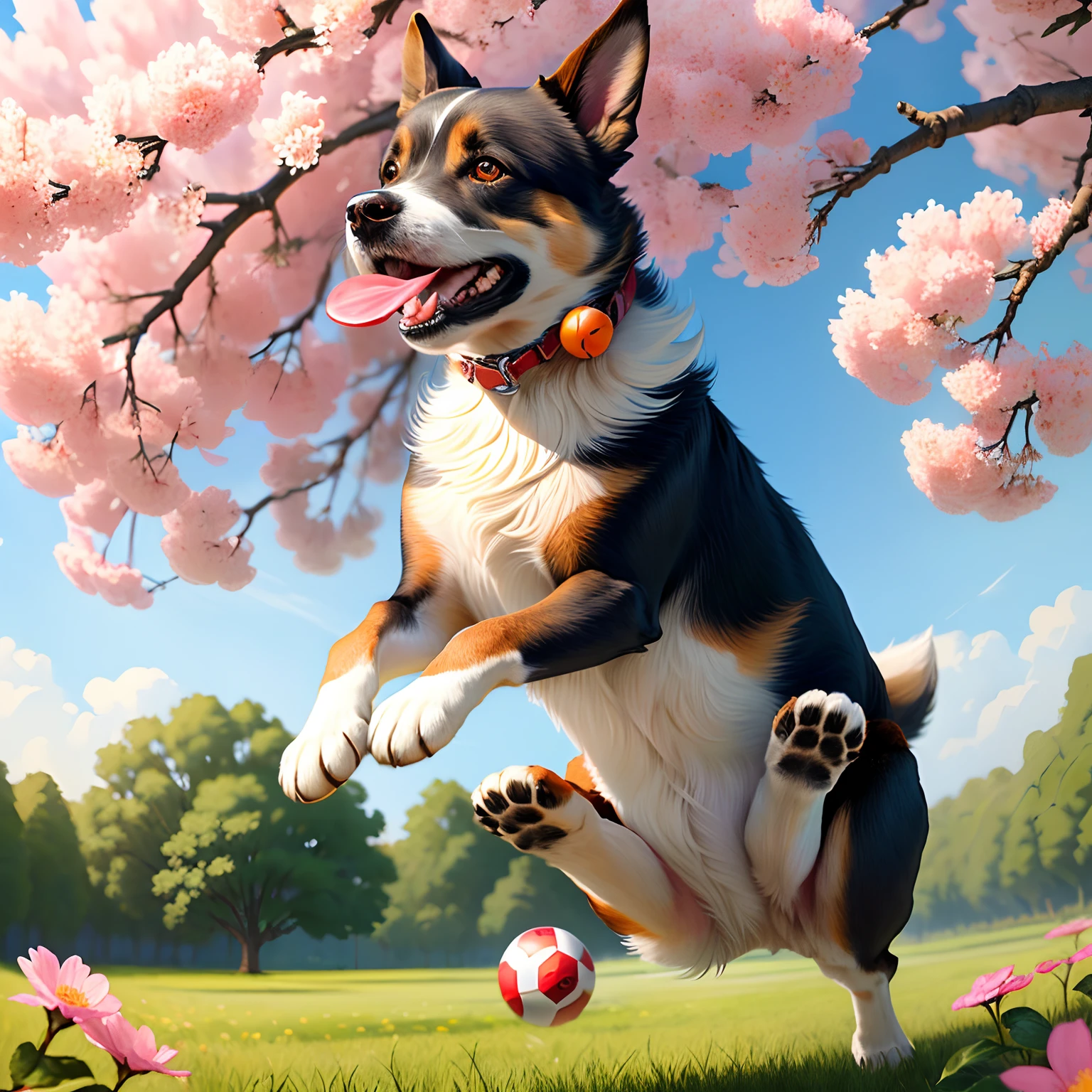 A jumping dog in a flower tree background has a ball in its mouth