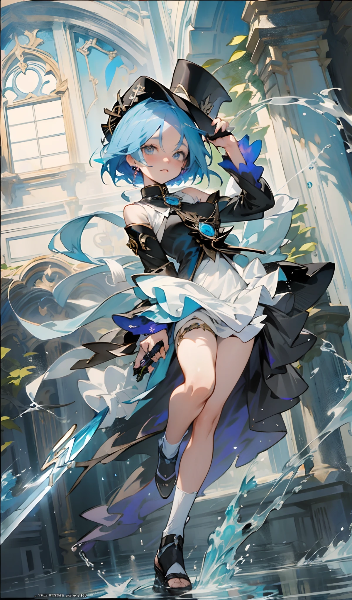 Finina, Water god,One in a blue dress,Woman in a black hat holding a sword, Splash art anime , Ayaka Genshin impact, Rem Rezero, Detailed key anime art, Beautiful celestial mage, Kushatt Krenz Key Art Women, Official anime artwork, Key anime art, high detailed official artwork,official character art, anime key visual of elegant
