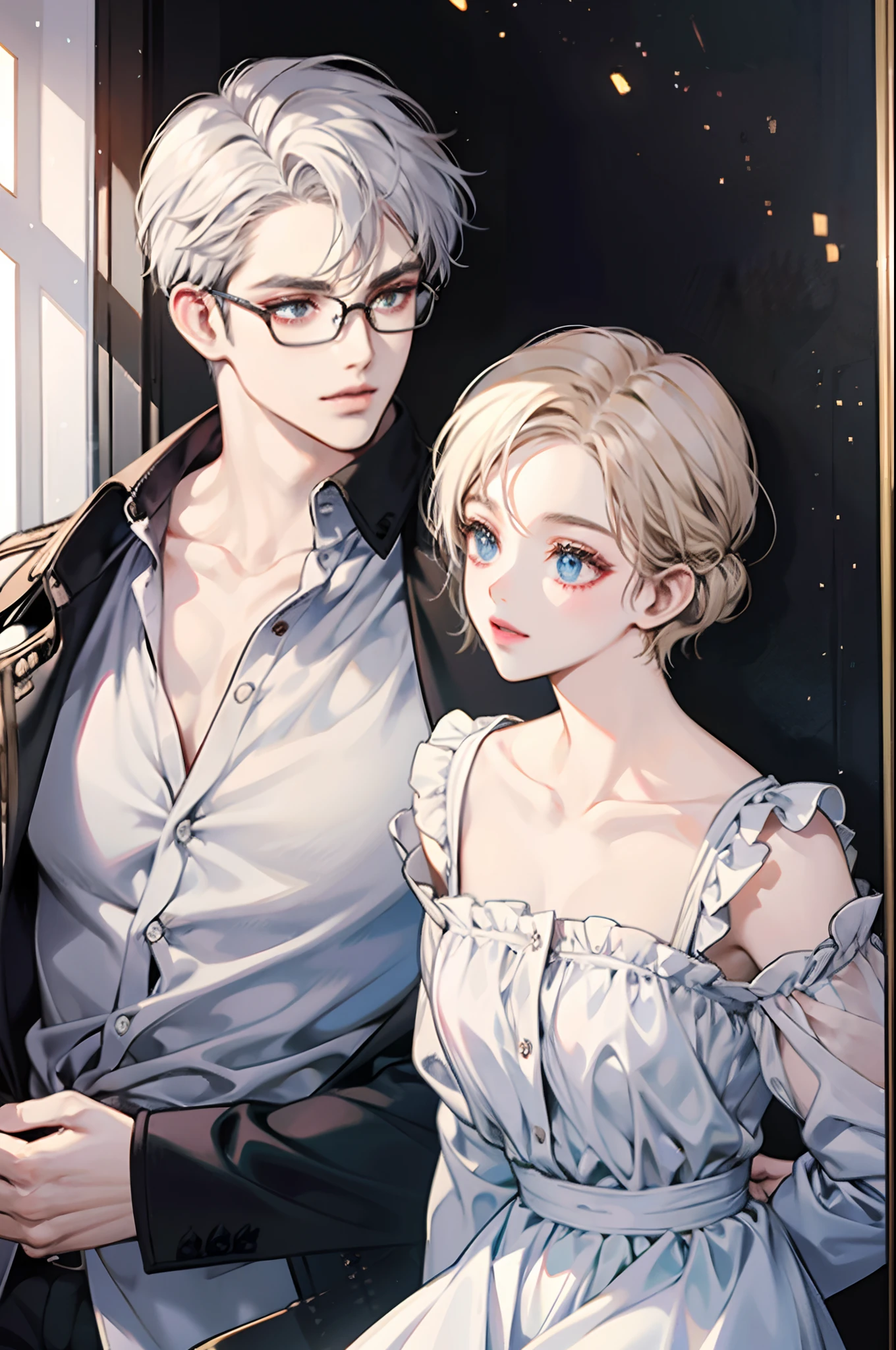 short white hair,Wearing glasses,Iritating eyes,Loose shirt,No bangs,((Male students)),Look into the camera,Pay attention to the proportions。