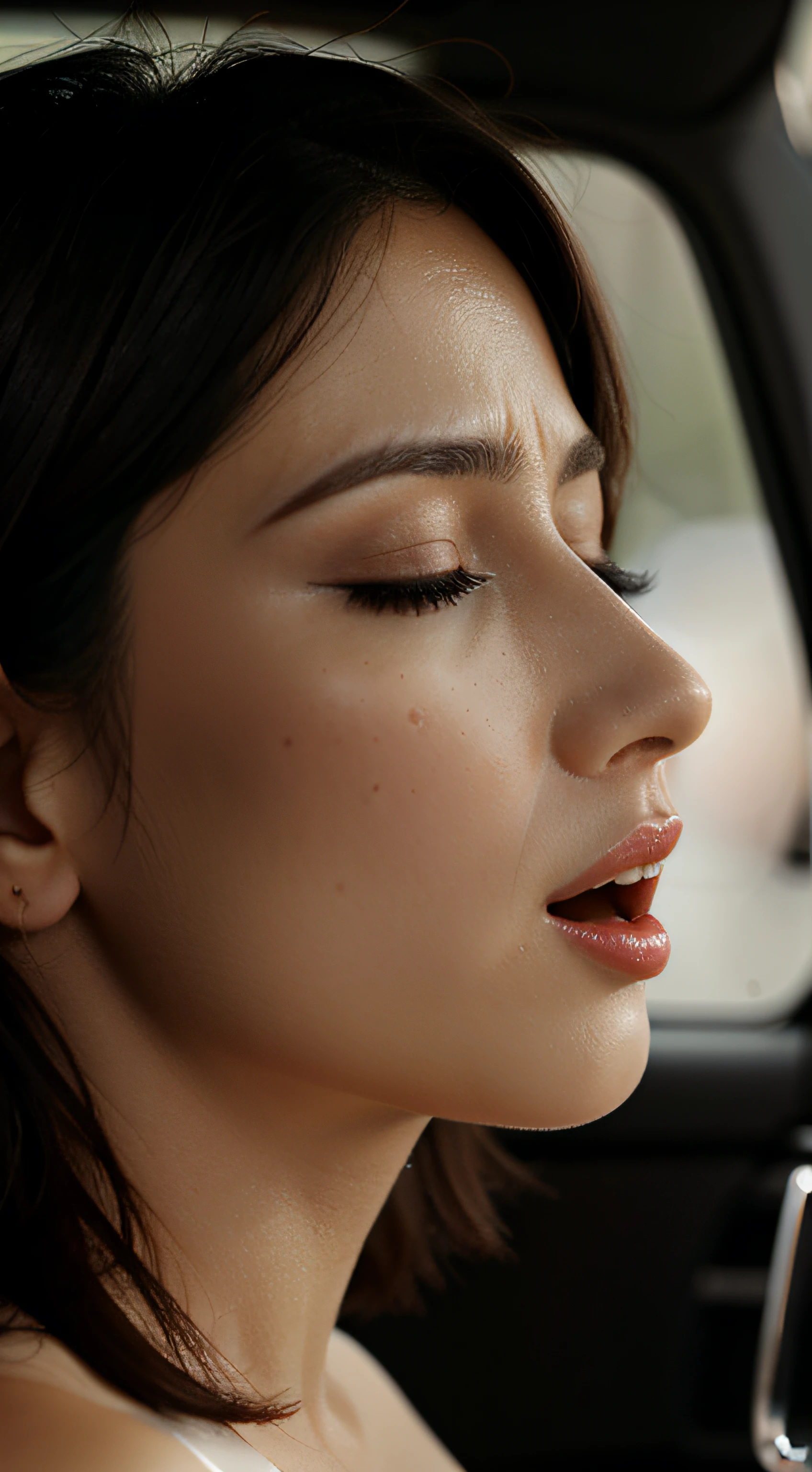 masutepiece,,award - winning photo, Extremely detailed, edgOrgasm,Face Focus, (Woman with mouth open and eyes closed ), 18year old、A dark-haired、CNN News Anchor、Glossy skin、inside of a car、Close-up of face,frombelow、Realistic nostrils、NSFW,short cut hair、