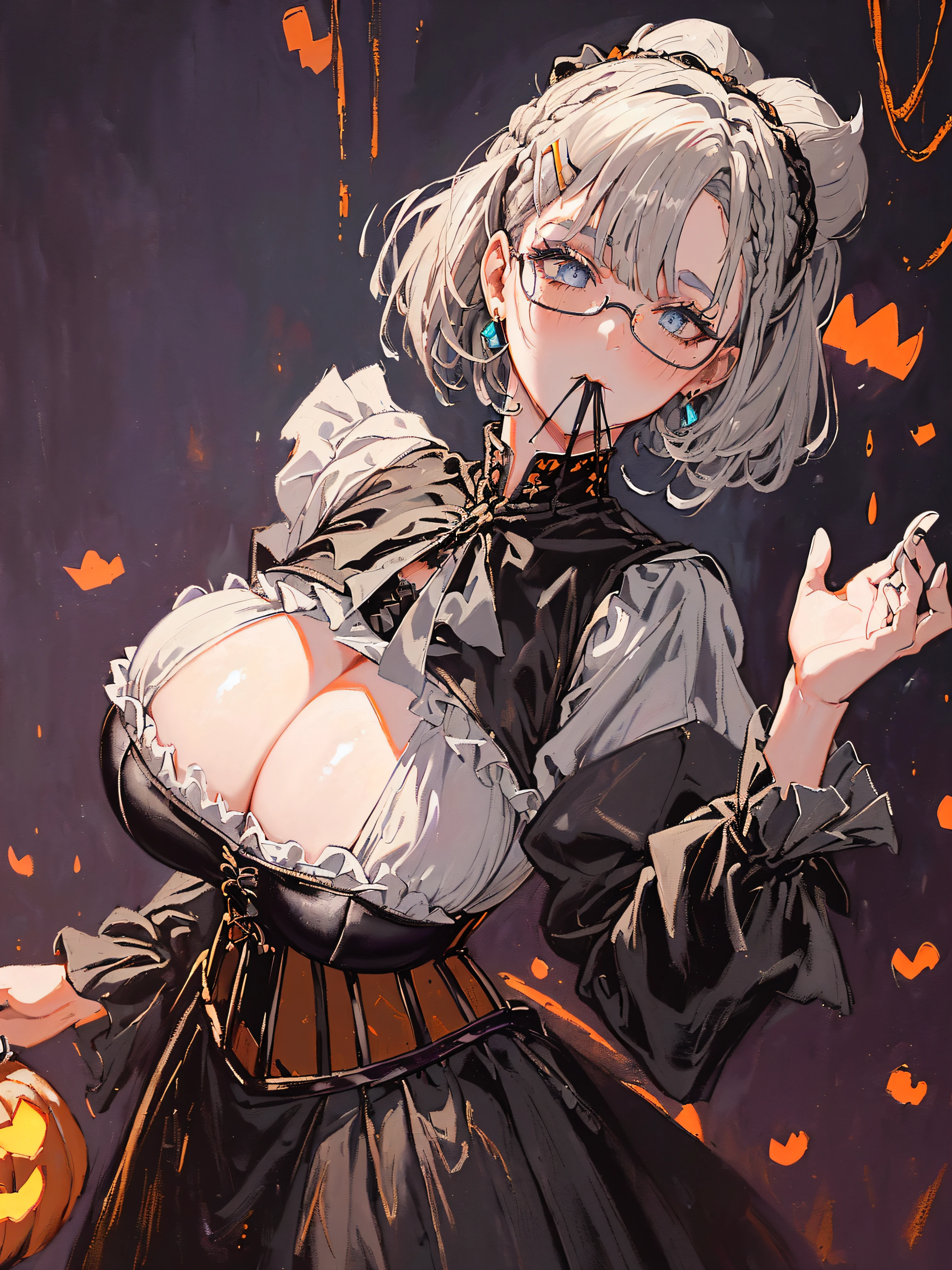 (((((((holloween theme,oil painting，theater gothic dress,long sleeves,grey hair,puff sleeves,mouth drool，corset,gigantic breasts)))))))，((zombie|Lich,1lady,adorable korean mixed race of Saudi Arabia girl，rosto magro，Solo,))(Masterpiece,Best quality, offcial art, Beautiful and aesthetic:1.2),((超高分辨率,Golden ratio,)) (16k),((round eyewear,melon face，from above，milf,pumpkin,pumpkin light)),(Physically-based rendering),Amazing,Sharp focus, (((highdetailskin,))),Intricately detailed clothing，hair cover eyebrows,Delicate pupils,danfeng eye,((((detailed hair|short hair|Shaggy cut|Long bold side bangs|Sleek cut|Voluminous updo|Undercut)))),Slender,(masterpiece sidelighting),(The sheen),(beautiful hair,beautiful eyes,）[[Delicate fingers and hands:0.55]::0.85],(Detail fingers),(((Superior quality)))),((unbelievable Ridiculous,)),((extremely_Detailed_Eyes_and_face)),Movie girl,(Dynamic configuration: 1.2),Brilliant,Beautiful woman, (Photorealistic), sailor dress,( maple leaf, ), mitts, triangle earrings, ((hairclip)), Light particles, view the viewer,  petals, Side Rock,, two-sided fabric