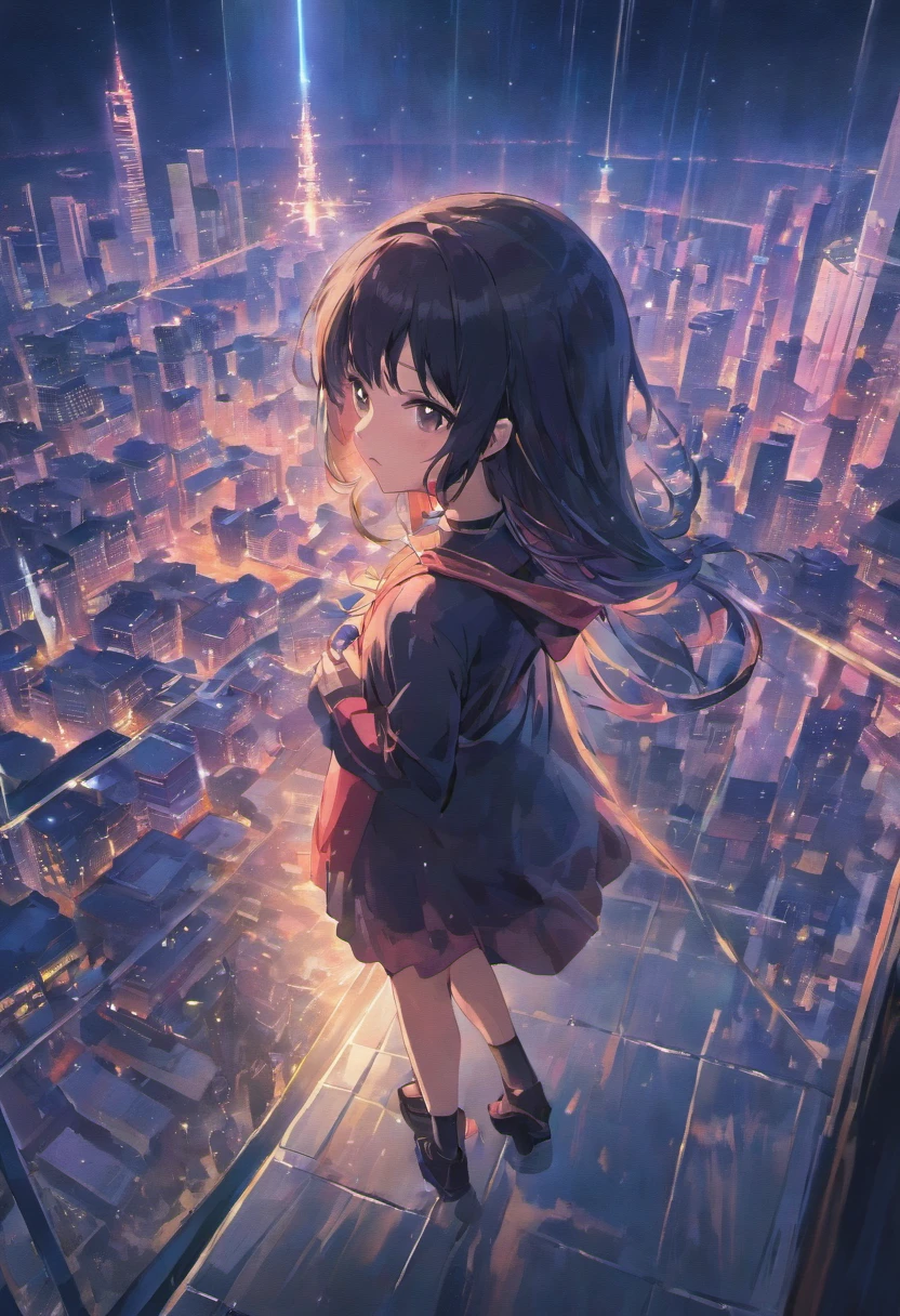 Reflections of light, sparkles, Black hair ,girl, very shy, blushing, view from top, girl look up, high quality, wearing dress, shy face, Wearing a robe
