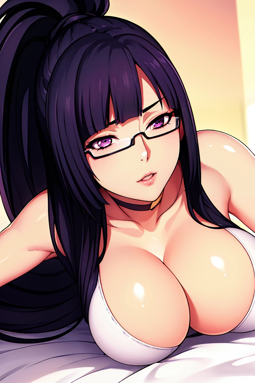 in the bed Background, sleeping pose, touching breasts, white bikini, ((focus whole body)), semi-rimless eyewear, black hair, very long hair, ponytail,Bangs,purple eyes, 1 girl, 20yo,Young female,Beautiful Finger,Beautiful long legs,Beautiful body,Beautiful Nose,Beautiful character design, perfect eyes, perfect face,expressive eyes,perfect balance, looking at viewer,(Focus on her face), (innocent_big_eyes:1.0),Moaning , official art,extremely detailed CG unity 8k wallpaper, perfect lighting,Colorful, Bright_Front_face_Lighting,shiny skin, (masterpiece:1.0),(best_quality:1.0), ultra high res,4K,ultra-detailed, photography, 8K, HDR, highres, absurdres:1.2, Kodak portra 400, film grain, blurry background, bokeh:1.2, lens flare, (vibrant_color:1.2),professional photograph, (Beautiful,large_Breasts:1.4), (beautiful_face:1.5)