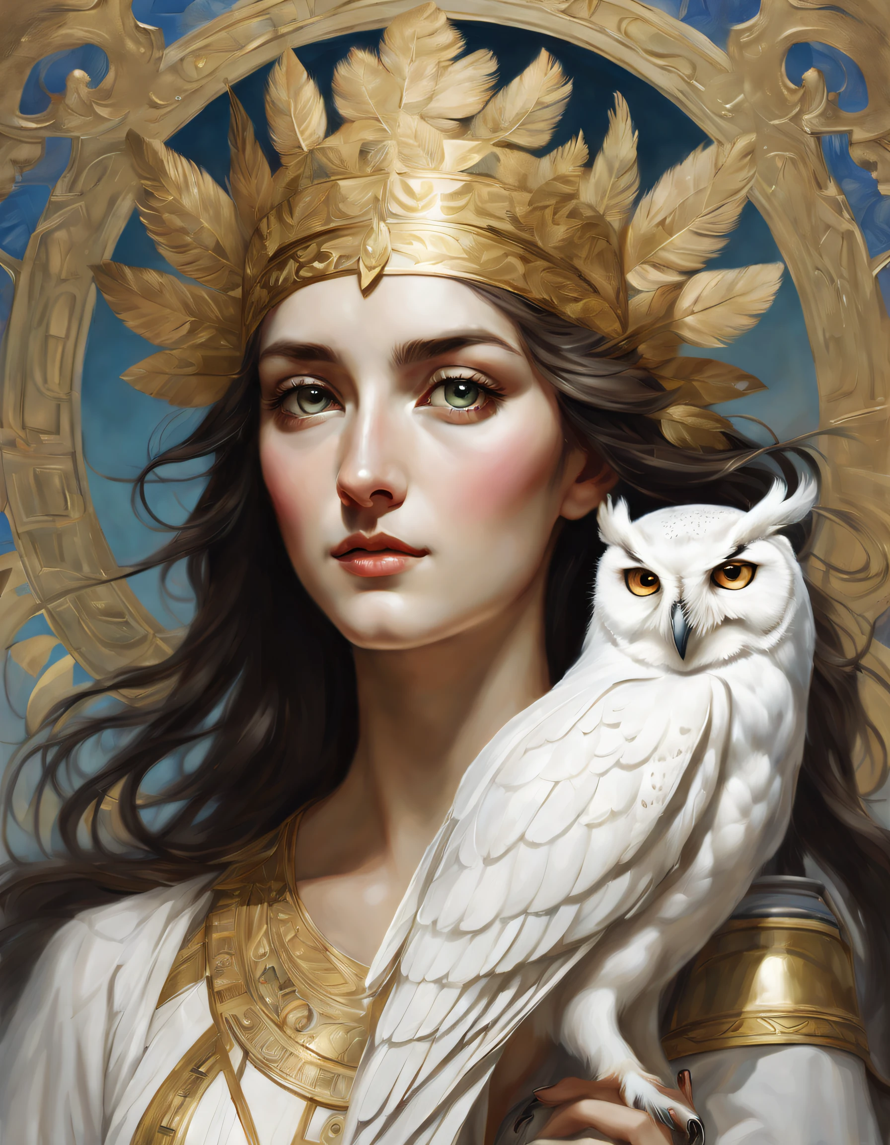 Surrealist art style , (Close-up of a pure white owl standing on Athena's shoulder), (The whole body of an owl), (Pure white owl: 1.37), Pure white owl, Pure white owl, (Stand on Athena's left shoulder:1.30), (Stand on the shoulder) ,(Stand on the shoulder) , The owl's face is round, (wide blue eyes: 0.8), very large eyes, Short curved beak, Thick, pure white,hat feather, It is a unique and beautiful creature,The wonders and wisdom of nature are on display, (The left half of Athena's body: 0.8), The eyes of the goddess were bright and large, Charming and majestic, Her facial contours are elegant and refined, Her Greek nose is straight, Her hair is blonde or dark, Long and smooth, Her mouth is often pursed tightly, Show her determination and determination. Her skin is fair and flawless, ivory skin, Dignified and beautiful, Shining golden light, Wearing an olive branch,,{{Masterpiece}}, {{{Best quality}}},{{Ultra-detailed}}, {{illustration}},{{Disheveled hair}},{{Masterpiece}},{{{Best quality}}},{{Ultra-detailed}}, {{{illustration}}},{{Disheveled hair}},A beautiful painting by Alphonse Mucha,illustration,Masterpiece,Matte painting,Enigmatic Atmosphere,Depth of field (degrees of freedom),boobs shot(mcu),Close up,Dramatic lighting