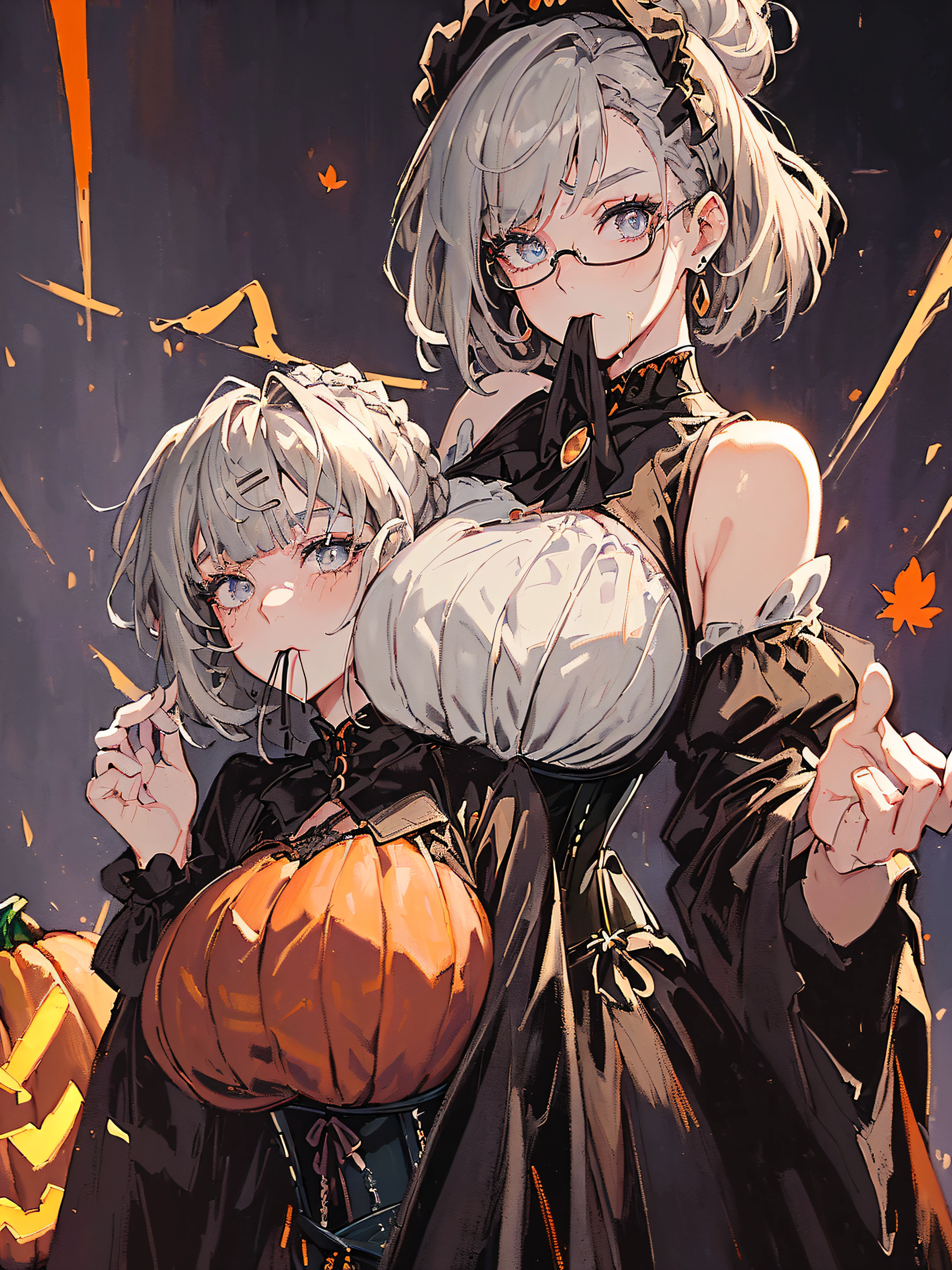 (((((((holloween theme,oil painting，theater gothic dress,long sleeves,grey hair,puff sleeves,mouth drool，corset,gigantic breasts)))))))，((zombie|Lich,1lady,adorable korean mixed race of Saudi Arabia girl，rosto magro，Solo,))(Masterpiece,Best quality, offcial art, Beautiful and aesthetic:1.2),((超高分辨率,Golden ratio,)) (16k),((round eyewear,melon face，from above，milf,pumpkin,pumpkin light)),(Physically-based rendering),Amazing,Sharp focus, (((highdetailskin,))),Intricately detailed clothing，hair cover eyebrows,Delicate pupils,danfeng eye,((((detailed hair|short hair|Shaggy cut|Long bold side bangs|Sleek cut|Voluminous updo|Undercut)))),Slender,(masterpiece sidelighting),(The sheen),(beautiful hair,beautiful eyes,）[[Delicate fingers and hands:0.55]::0.85],(Detail fingers),(((Superior quality)))),((unbelievable Ridiculous,)),((extremely_Detailed_Eyes_and_face)),Movie girl,(Dynamic configuration: 1.2),Brilliant,Beautiful woman, (Photorealistic), sailor dress,( maple leaf, ), mitts, triangle earrings, ((hairclip)), Light particles, view the viewer,  petals, Side Rock,, two-sided fabric