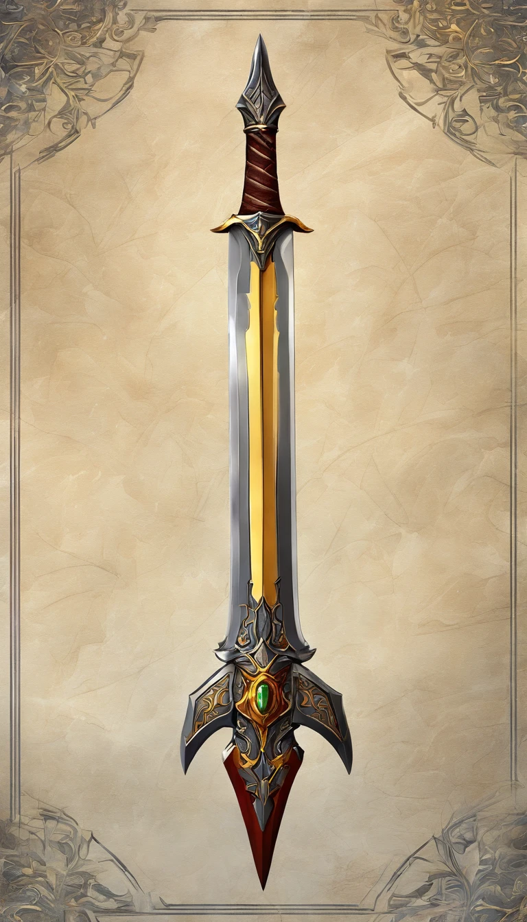 (best quality,4k,8k,highres,masterpiece:1.2),ultra-detailed,realistic,mastersword,legendary weapon,precise craftsmanship,detailed hilt,sharp blade,properly proportioned,beautifully textured,mythical sword,iconic symbol,hero's weapon,forged by the gods,sword of destiny,enchanted blade,glowing blue aura,legendary battles,ultimate power weapon,destined to defeat evil,classic video game weapon,masterful design,intricate engravings,powerful artifact,impeccable quality craftsmanship,striking and elegant,centerpiece of the artwork,shimmering with divine energy,sharp enough to cut through anything,radiating strength and power,fit for a true hero,artistic homage to the game,signature weapon of the hero,pristine metalwork,exquisite attention to detail,colorful gems embedded in the hilt,legendary legacy,unbreakable and indestructible:focus on the blade's reflections and highlights,create an atmosphere of reverence and awe,showcase the iconic sword in a dynamic pose and perspective,bring out the mythical essence and power of the Mastersword.