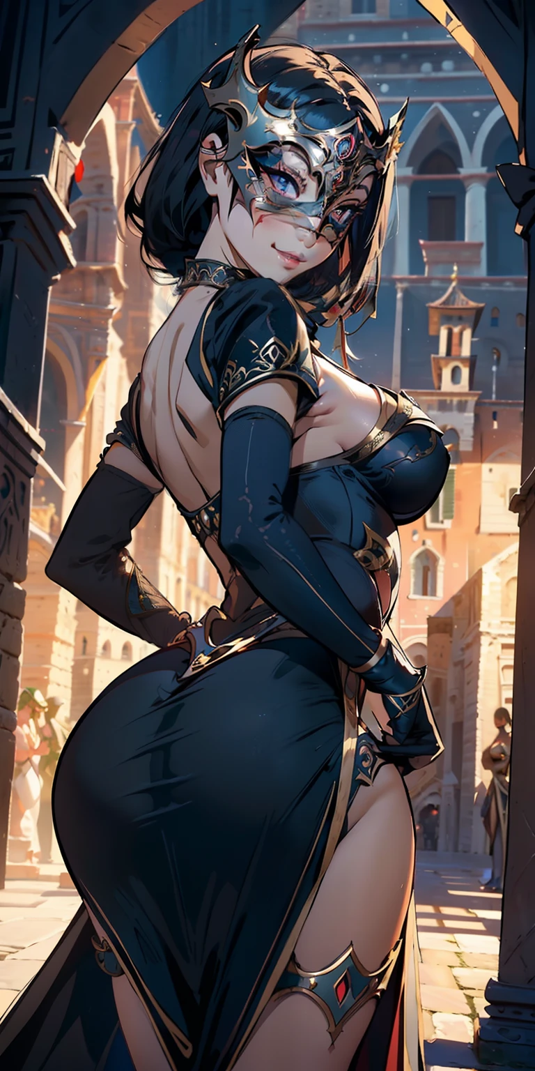 realisticlying、natta、Face Real、show through、-yeld giLarge breasts、Looking from the side、Buttock emphasis、(Emphasis on the thighs)、(Super close-up from below)Medieval Italy((Wearing the Venetian Mikloy((Masquerade))、Wearing a tight-fitting black dress、Ancient castles in Italy、sexy pose、Face smile