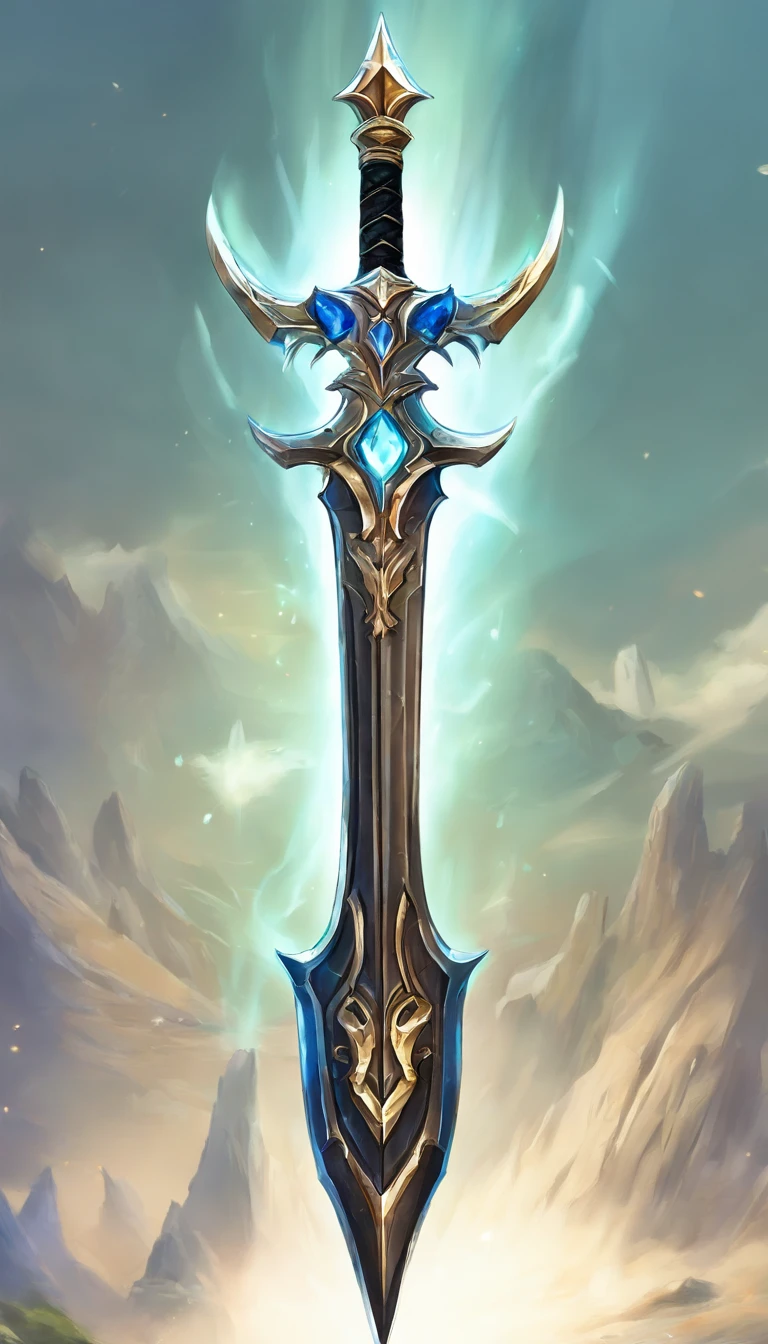 (best quality,4k,8k,highres,masterpiece:1.2),ultra-detailed,realistic,mastersword, standalone, legendary weapon,precise craftsmanship,detailed hilt,sharp blade,properly proportioned,beautifully textured,mythical sword,iconic symbol,hero's weapon,forged by the gods,sword of destiny,enchanted blade,glowing blue aura,legendary battles,ultimate power weapon,destined to defeat evil,classic video game weapon,masterful design,intricate engravings,powerful artifact,impeccable quality craftsmanship,striking and elegant,centerpiece of the artwork,shimmering with divine energy,sharp enough to cut through anything,radiating strength and power,fit for a true hero,artistic homage to the game,signature weapon of the hero,pristine metalwork,exquisite attention to detail,colorful gems embedded in the hilt,legendary legacy,unbreakable and indestructible:focus on the blade's reflections and highlights,create an atmosphere of reverence and awe,showcase the iconic sword in a dynamic pose and perspective,bring out the mythical essence and power of the Mastersword.