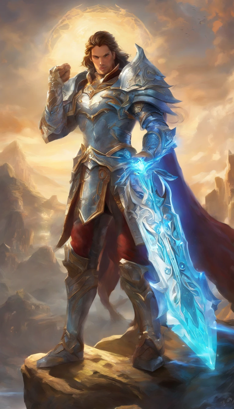 (best quality,4k,8k,highres,masterpiece:1.2),ultra-detailed,realistic,mastersword, standalone, legendary weapon,precise craftsmanship,detailed hilt,sharp blade,properly proportioned,beautifully textured,mythical sword,iconic symbol,hero's weapon,forged by the gods,sword of destiny,enchanted blade,glowing blue aura,legendary battles,ultimate power weapon,destined to defeat evil,classic video game weapon,masterful design,intricate engravings,powerful artifact,impeccable quality craftsmanship,striking and elegant,centerpiece of the artwork,shimmering with divine energy,sharp enough to cut through anything,radiating strength and power,fit for a true hero,artistic homage to the game,signature weapon of the hero,pristine metalwork,exquisite attention to detail,colorful gems embedded in the hilt,legendary legacy,unbreakable and indestructible:focus on the blade's reflections and highlights,create an atmosphere of reverence and awe,showcase the iconic sword in a dynamic pose and perspective,bring out the mythical essence and power of the Mastersword.