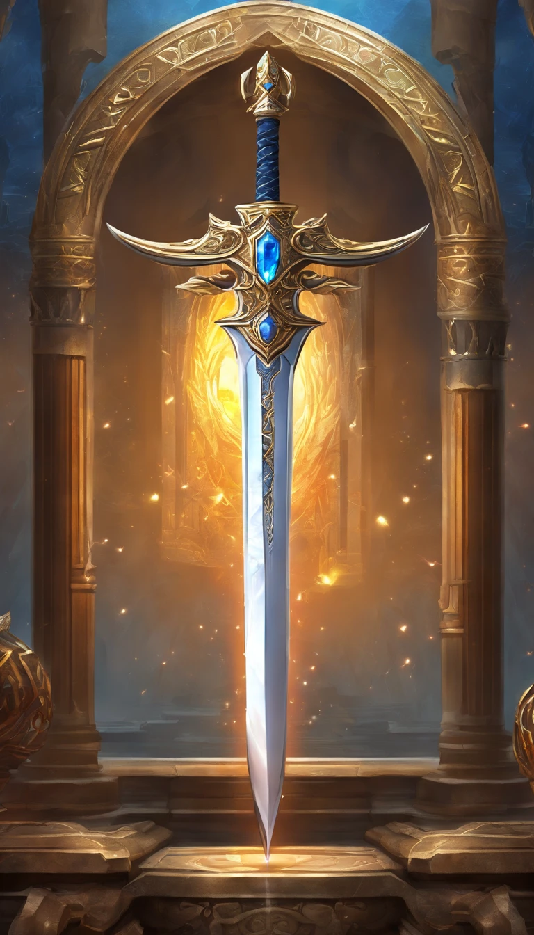 (best quality,4k,8k,highres,masterpiece:1.2),ultra-detailed,realistic,mastersword, standalone, legendary weapon,precise craftsmanship,detailed hilt,sharp blade,properly proportioned,beautifully textured,mythical sword,iconic symbol,hero's weapon,forged by the gods,sword of destiny,enchanted blade,glowing blue aura,legendary battles,ultimate power weapon,destined to defeat evil,classic video game weapon,masterful design,intricate engravings,powerful artifact,impeccable quality craftsmanship,striking and elegant,centerpiece of the artwork,shimmering with divine energy,sharp enough to cut through anything,radiating strength and power,fit for a true hero,artistic homage to the game,signature weapon of the hero,pristine metalwork,exquisite attention to detail,colorful gems embedded in the hilt,legendary legacy,unbreakable and indestructible:focus on the blade's reflections and highlights,create an atmosphere of reverence and awe,showcase the iconic sword in a dynamic pose and perspective,bring out the mythical essence and power of the Mastersword.