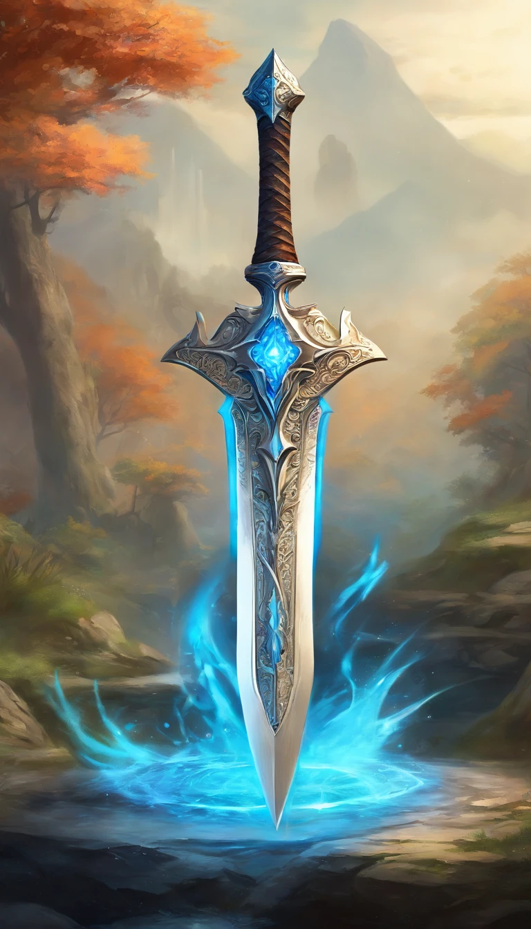 (best quality,4k,8k,highres,masterpiece:1.2),ultra-detailed,realistic,mastersword, standalone, legendary weapon,precise craftsmanship,detailed hilt,sharp blade,properly proportioned,beautifully textured,mythical sword,iconic symbol,hero's weapon,forged by the gods,sword of destiny,enchanted blade,glowing blue aura,legendary battles,ultimate power weapon,destined to defeat evil,classic video game weapon,masterful design,intricate engravings,powerful artifact,impeccable quality craftsmanship,striking and elegant,centerpiece of the artwork,shimmering with divine energy,sharp enough to cut through anything,radiating strength and power,fit for a true hero,artistic homage to the game,signature weapon of the hero,pristine metalwork,exquisite attention to detail,colorful gems embedded in the hilt,legendary legacy,unbreakable and indestructible:focus on the blade's reflections and highlights,create an atmosphere of reverence and awe,showcase the iconic sword in a dynamic pose and perspective,bring out the mythical essence and power of the Mastersword.