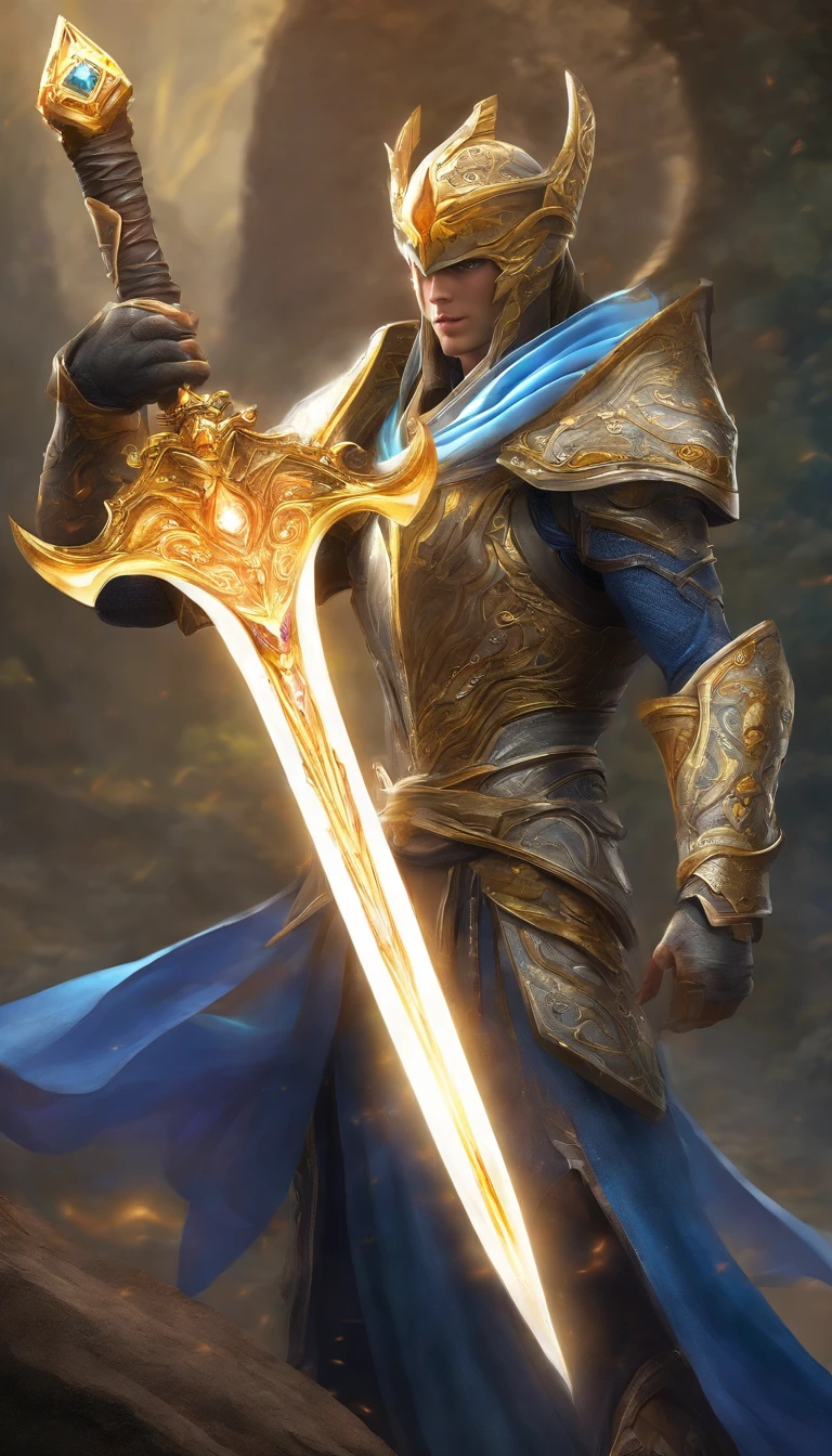 (best quality,4k,8k,highres,masterpiece:1.2),ultra-detailed,realistic,mastersword, standalone, legendary weapon,precise craftsmanship,detailed hilt,sharp blade,properly proportioned,beautifully textured,mythical sword,iconic symbol,hero's weapon,forged by the gods,sword of destiny,enchanted blade,glowing blue aura,legendary battles,ultimate power weapon,destined to defeat evil,classic video game weapon,masterful design,intricate engravings,powerful artifact,impeccable quality craftsmanship,striking and elegant,centerpiece of the artwork,shimmering with divine energy,sharp enough to cut through anything,radiating strength and power,fit for a true hero,artistic homage to the game,signature weapon of the hero,pristine metalwork,exquisite attention to detail,colorful gems embedded in the hilt,legendary legacy,unbreakable and indestructible:focus on the blade's reflections and highlights,create an atmosphere of reverence and awe,showcase the iconic sword in a dynamic pose and perspective,bring out the mythical essence and power of the Mastersword.