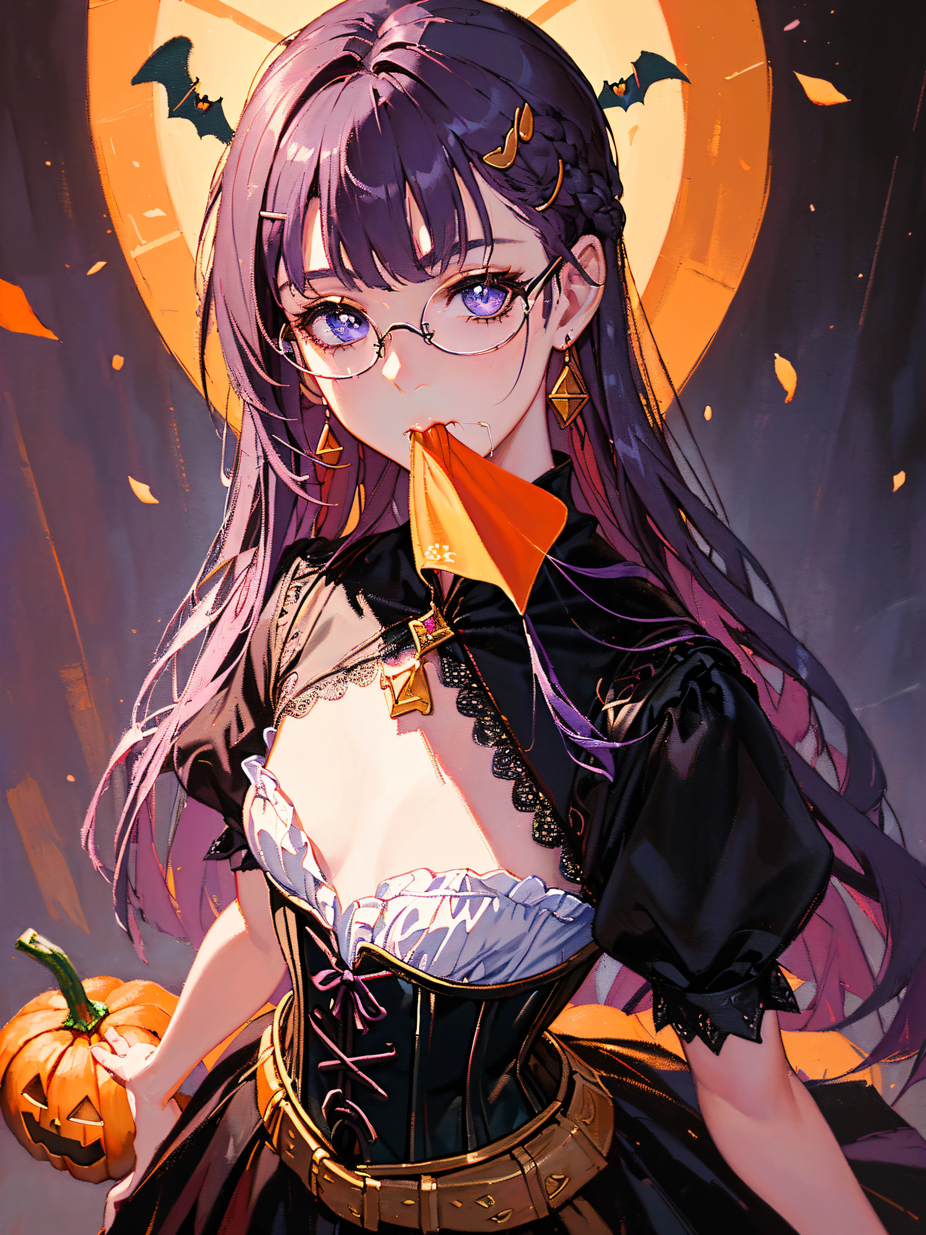 (((((((holloween theme,oil painting，theater gothic dress,short sleeves,purple hair,puff sleeves,mouth drool，corset,small breasts)))))))，((1lady,adorable korean mixed race of Saudi Arabia girl，rosto magro，Solo,))(Masterpiece,Best quality, offcial art, Beautiful and aesthetic:1.2),((超高分辨率,Golden ratio,)) (16k),((round eyewear,melon face，from above，1JK,pumpkin,pumpkin light)),(Physically-based rendering),Amazing,Sharp focus, (((highdetailskin,))),Intricately detailed clothing，Burgundy pupils,Hexagram pupils,intricate pupils,((((detailed hair|long hair|long bangs)))),Slender,(masterpiece sidelighting),(The sheen),(beautiful hair,beautiful eyes,）[[Delicate fingers and hands:0.55]::0.85],(Detail fingers),(((Superior quality)))),((unbelievable Ridiculous,)),((extremely_Detailed_Eyes_and_face)),Movie girl,(Dynamic configuration: 1.2),Brilliant,Beautiful woman, (Photorealistic), sailor dress,( maple leaf, ), mitts, triangle earrings, ((hairclip)), Light particles, view the viewer,  petals, Side Rock,, two-sided fabric