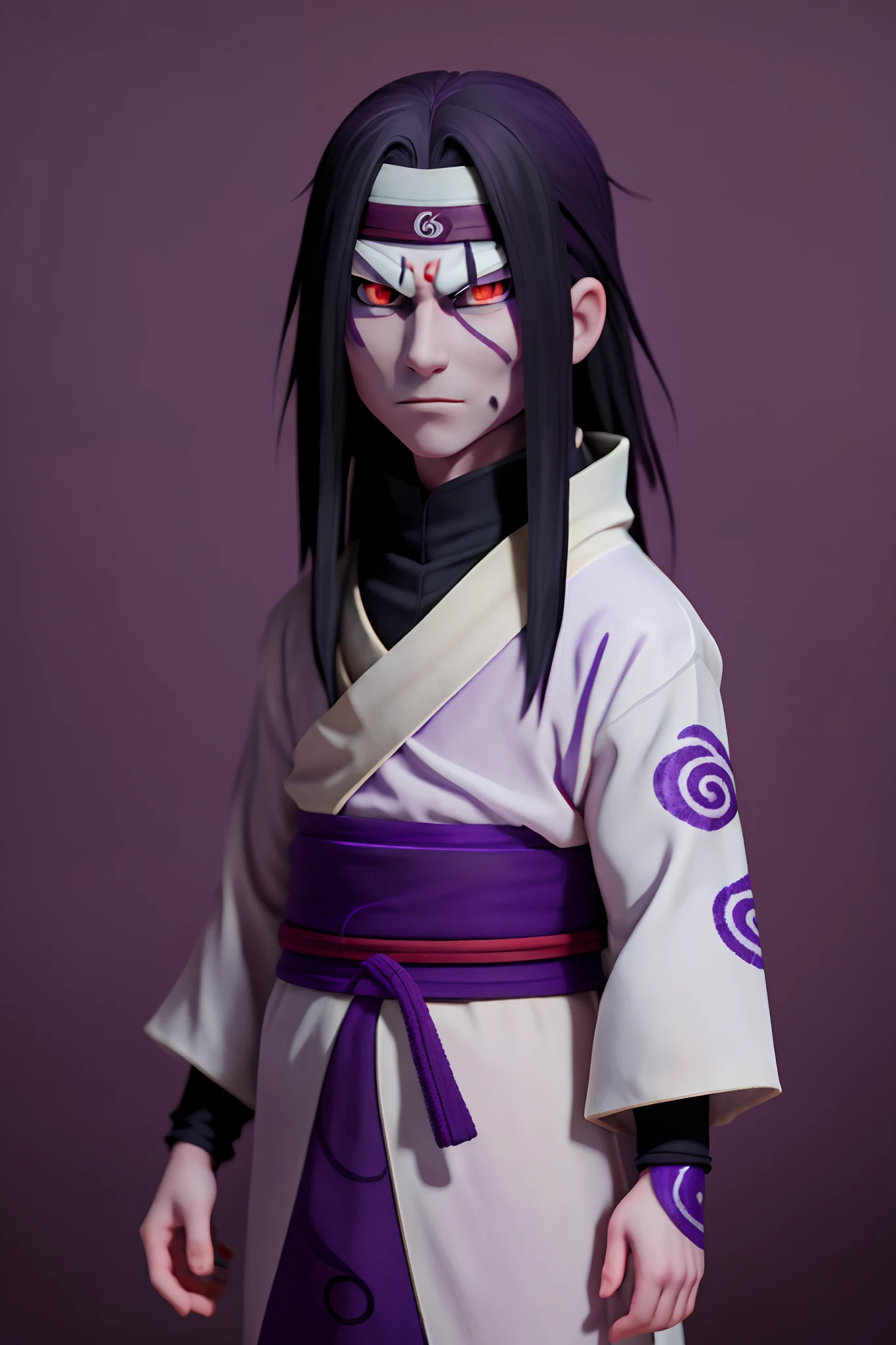 orochimaru, 1boy, red eyes, male focus, solo, pale skin, simple background, purple background, upper body, looking at viewer, forehead protector, headband, shirt, robe