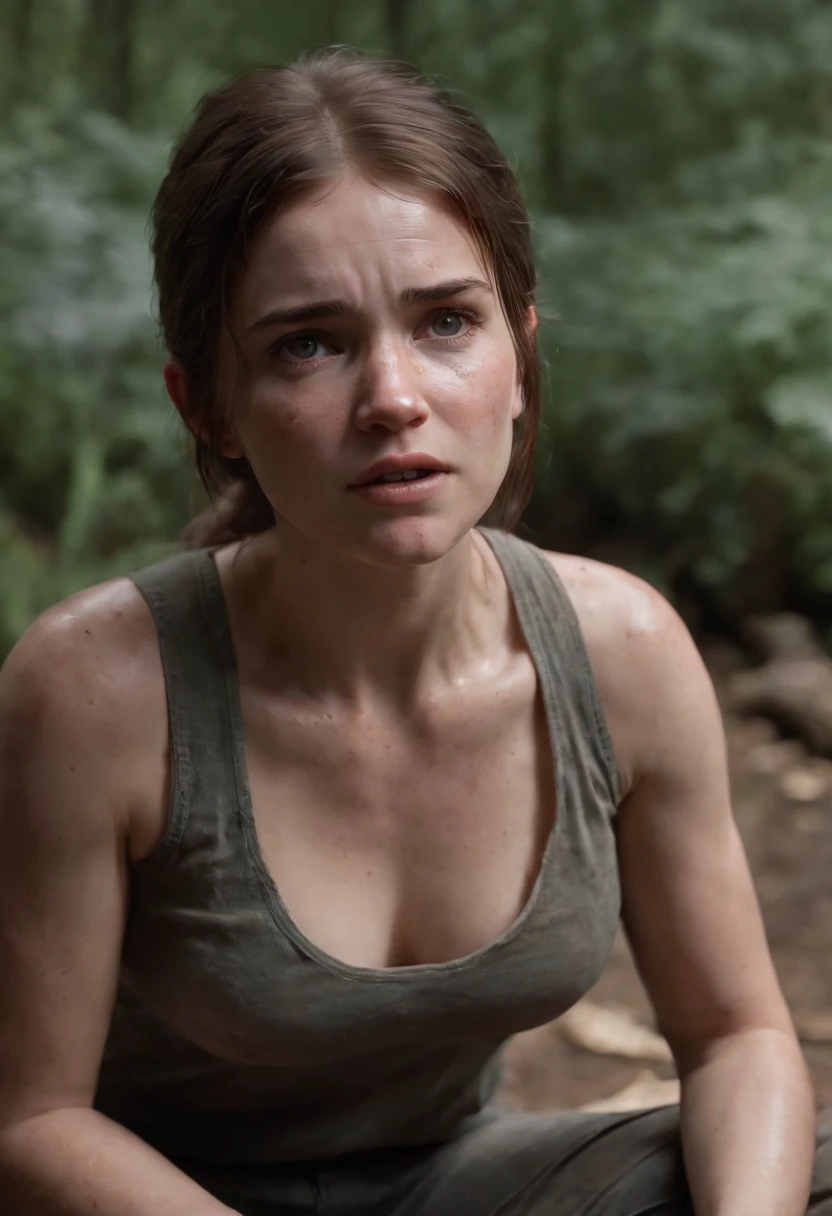 Ellie from the Last of us part 2 naked kneeling with her mouth open and her face and tits coated in cum