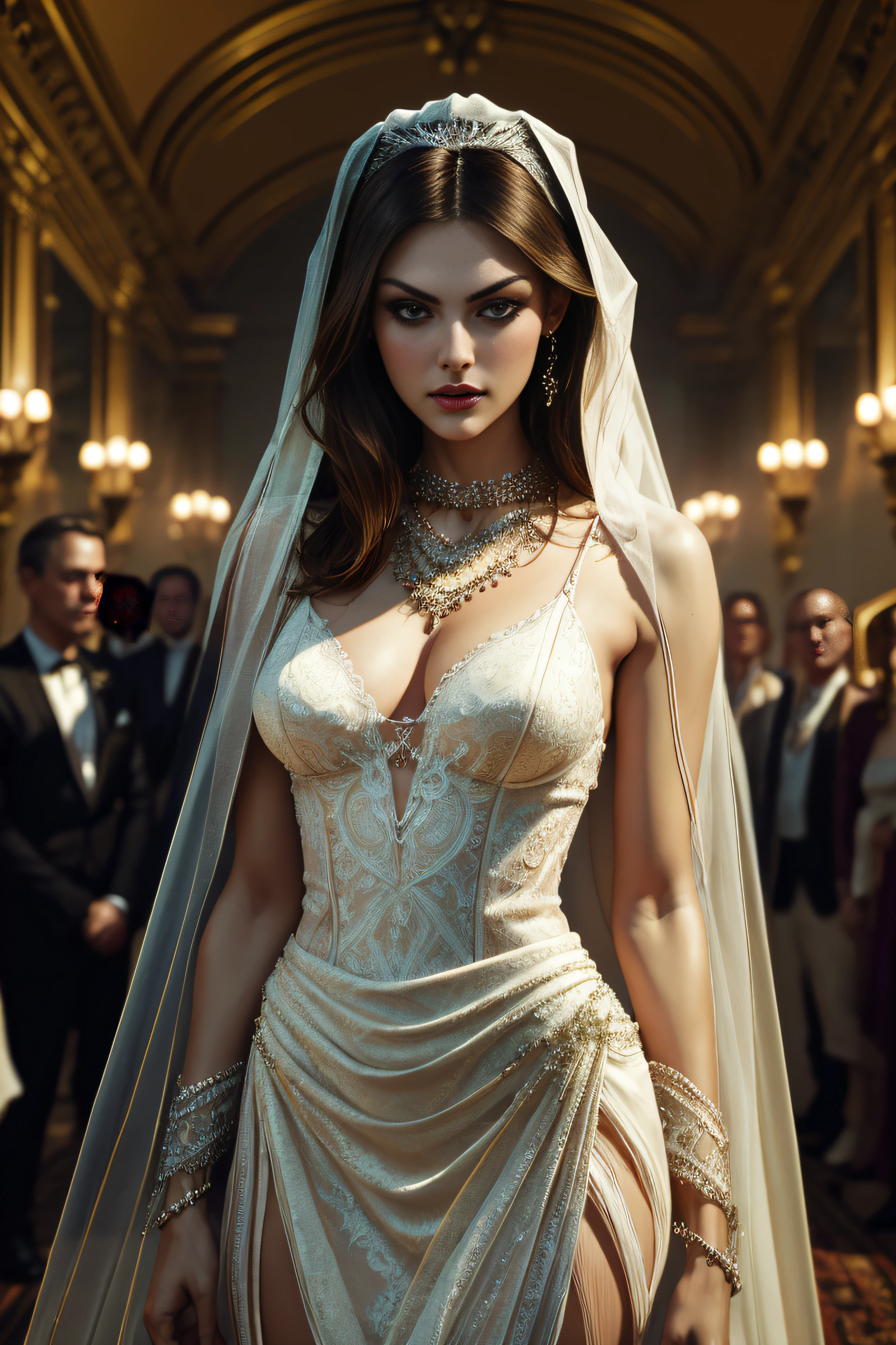 Phoebe Tonkin, wearingelegant bride veil sexy clothes, standing inside a crowded ballroom, character portrait, 3 9 9 0 s, short hair, intricate, elegant, highly detailed, digital painting, artstation, concept art, smooth, sharp focus, illustration, art by wlop, charlie bowater and alexandra fomina