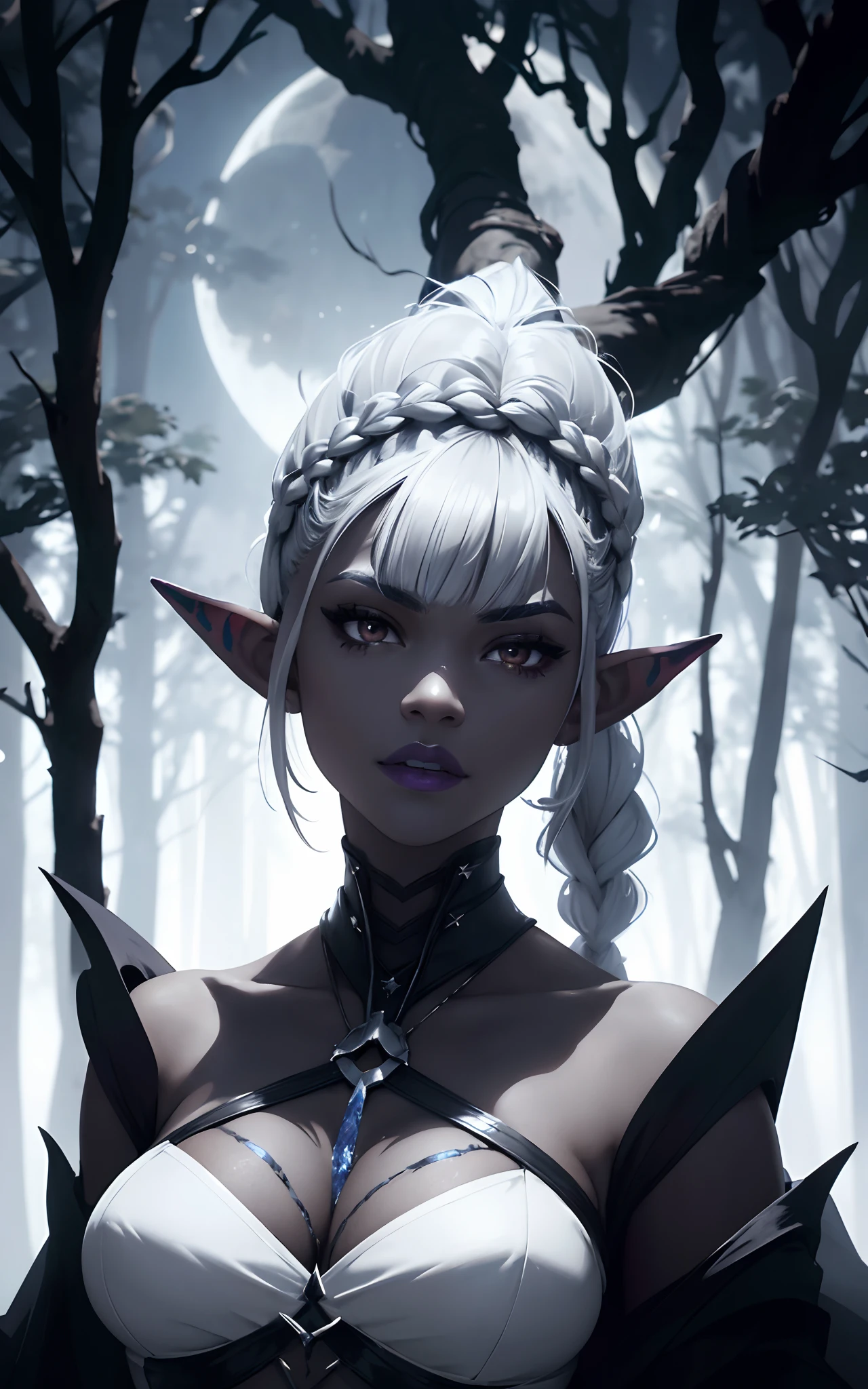 (Dark elf witch), the face of zendaya:Dua lipa, pointy ears, grey skin, white hair, (high top fade haircut), (one braid in one side of the head), masterpiece, dark forest in the background, fog, in the night, full moon ligth, 8k, detailed digital art.