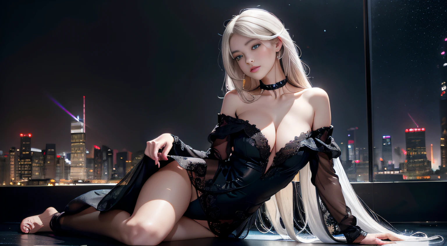1 girl, Blonde gray hair, Straight hair, Spread hair, Long hair, PUPILS SPARKLING, long eyelashes, Blue eyes, makeup, Smile, Color Field Painting, Contemporary art, Northern Renaissance, Blurred, blending, From below, From Side, the panorama, ultra wide-angle, Wide Angle, F/1.8, 135 mm, canon, nffsw, retinas, masutepiece, Elaborate, Anatomically correct, Skin Texture, Super Detail, high detailing, High quality, hight resolution, 1080p, hard disk, 4K, 8K, of the highest quality, (Translucent off-the-shoulder all-black dress), (Beautiful woman lying on a wide floor), Sexy Pose (Neon lights of skyscrapers glitter in the background),(Black lace panties)