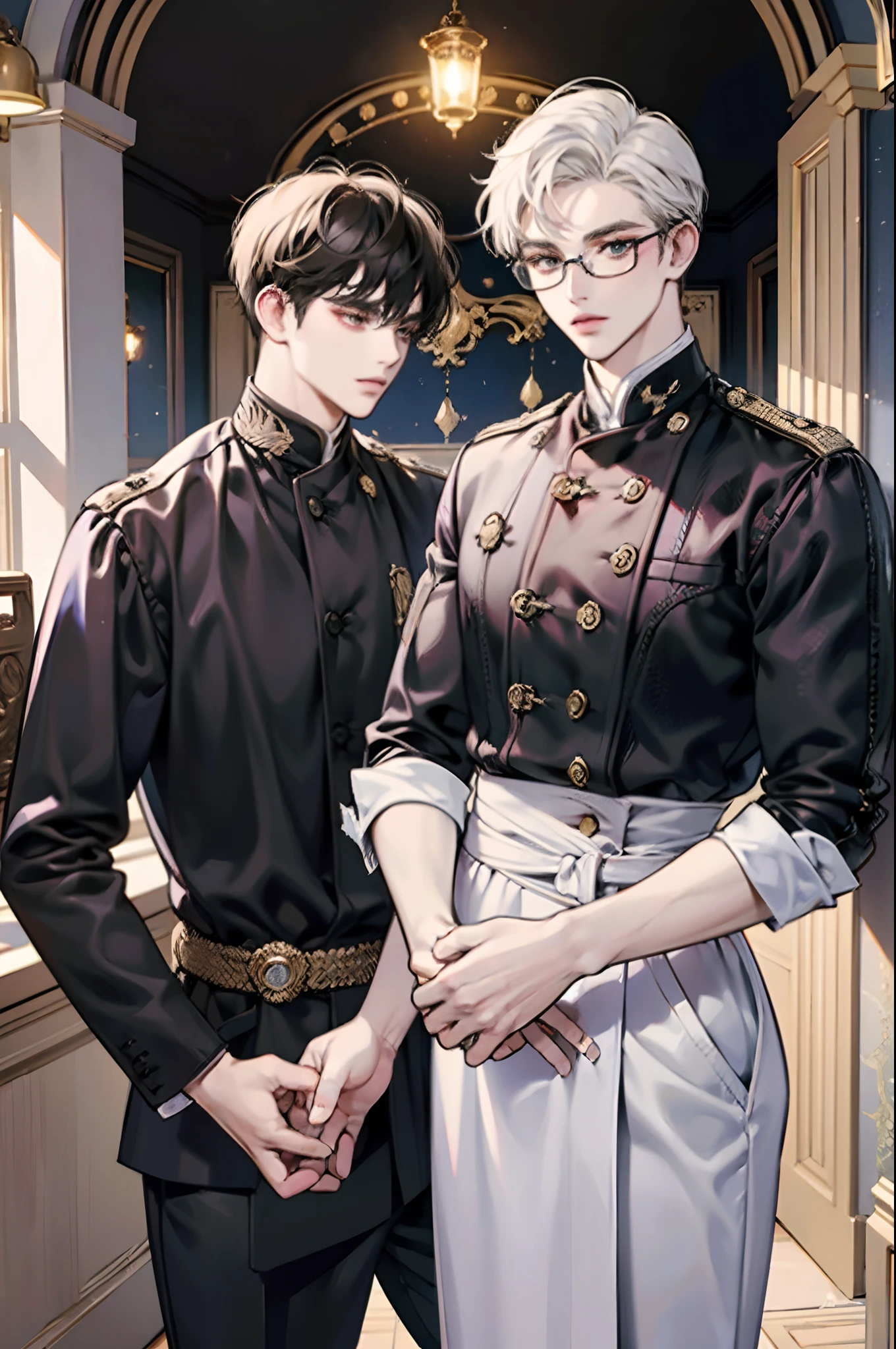 short white hair，Wearing glasses，Iritating eyes，Loose shirt，No bangs，（（Male students）），Look into the camera，Pay attention to the proportions。