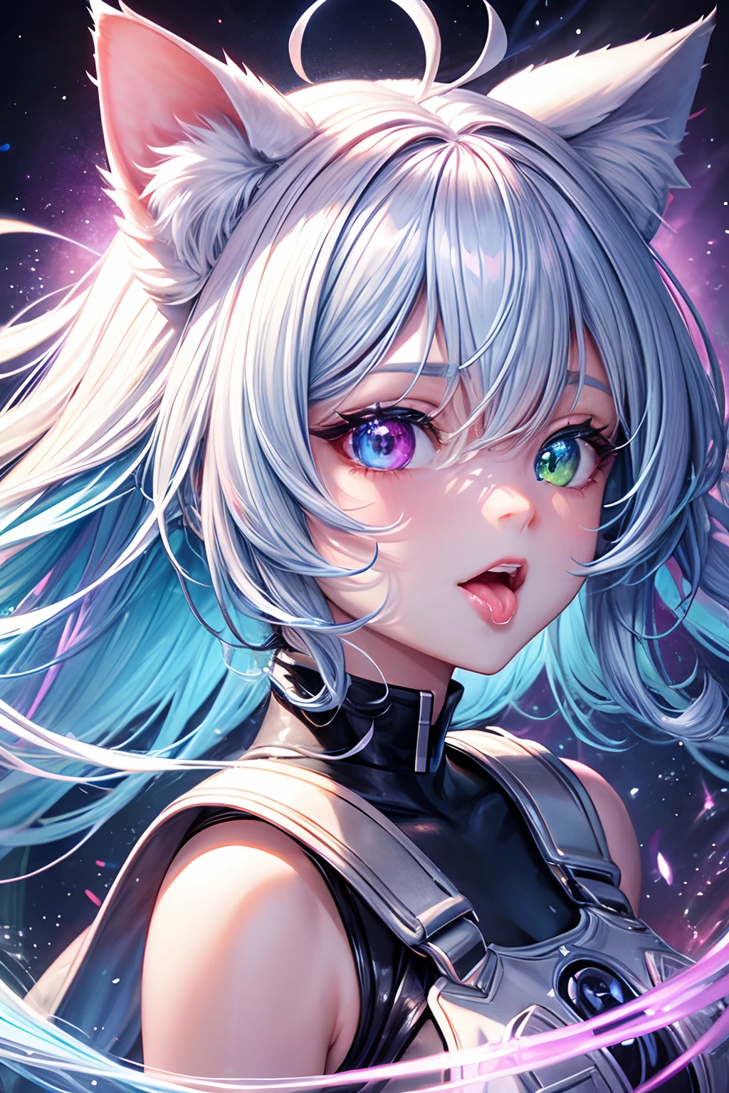Top quality, high resolution, perfect human structure, background focus, front view, iridescent hair, glowing hair, cat ears, heterochromia, hair intakes, shiny hair, tongue out, gradient eyes,