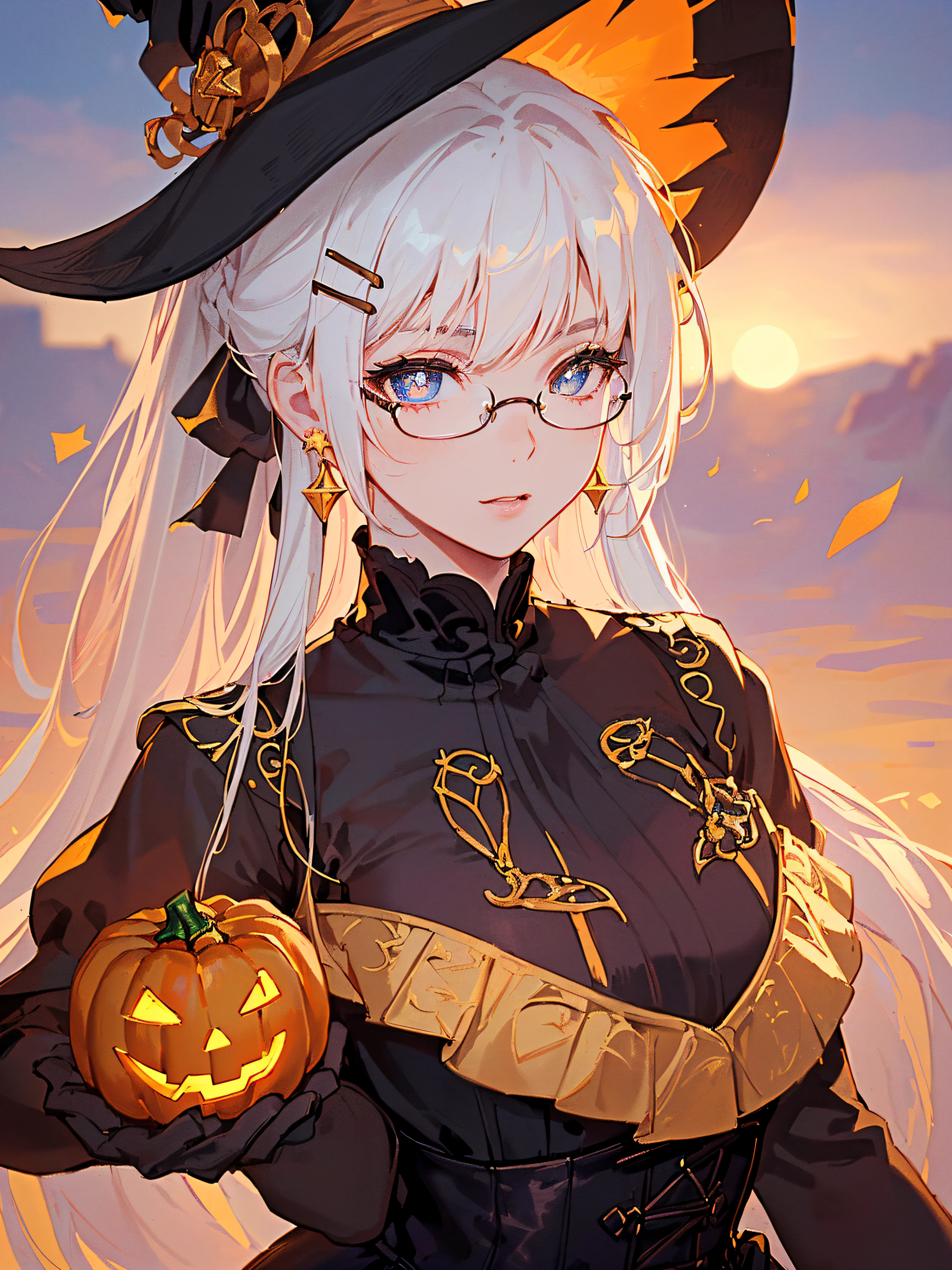 ((((holloween theme,meticulous portrayal of face，1 noblewoman，a matural female，))))(Black dress long dress，)(dark night background+,perfect background)，Prom，Court etiquette，  s the perfect face， Perfect lips， perfect  eyes,)(((theater gothic dress,long sleeves,white hair,puff sleeves,corset,large breasts)))，((1lady,adorable korean mixed race of Saudi Arabia girl，rosto magro，Solo,))(Masterpiece,Best quality, offcial art, Beautiful and aesthetic:1.2),((超高分辨率,Golden ratio,)) (16k),((round eyewear,melon face，from above，1JK,pumpkin,pumpkin light,big witch hat)),(Physically-based rendering),Amazing,Sharp focus, (((highdetailskin,))),Intricately detailed clothing，Burgundy pupils,Hexagram pupils,intricate pupils,((((detailed hair|long hair|long bangs|ponytail)))),((Slender,))(masterpiece sidelighting),(The sheen),(beautiful hair,beautiful eyes,）[[Delicate fingers and hands:0.55]::0.85],(Detail fingers),(((Superior quality)))),((unbelievable Ridiculous,)),((extremely_Detailed_Eyes_and_face)),Movie girl,(Dynamic configuration: 1.2),Brilliant,Beautiful woman, (Photorealistic),( maple,), mitts, star earrings, ((hairclip)), Light particles, view the viewer,  petals, Side Rock,, two-sided fabric
