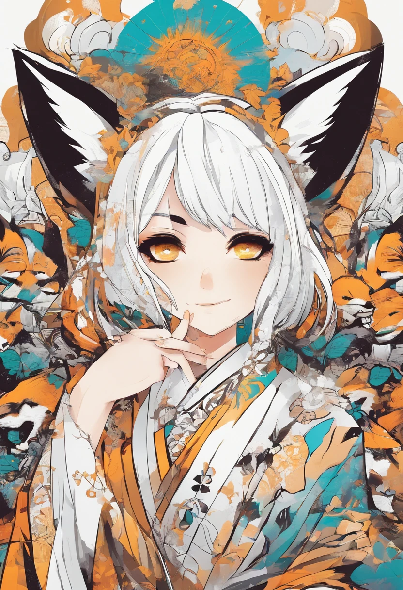 Adult Woman, short white hair, Fox ears, fox tails, Golden Eyes, Black and white of the eyes, Kimono, ssmile, masutepiece, hiquality, Clear background