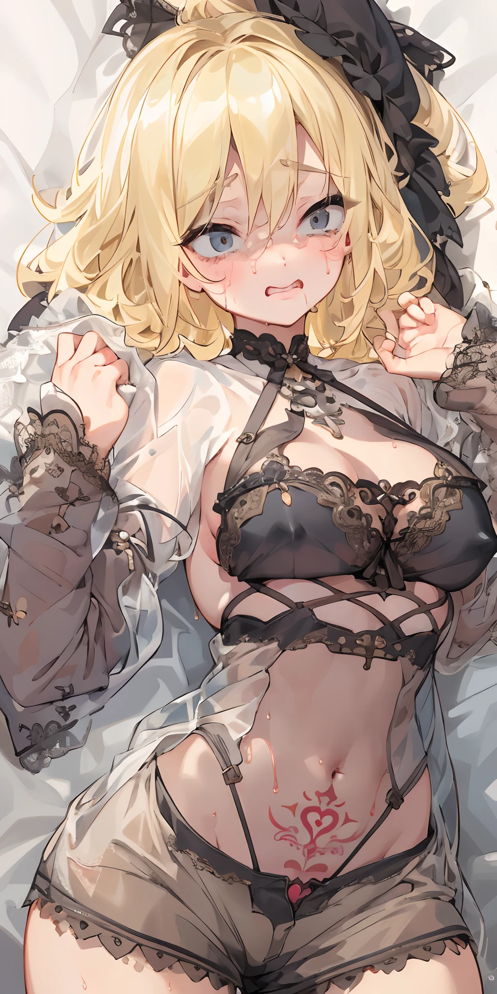 (masterpiece, Best Quality), 1girl in, Beautiful facial features、Super cropped tops、shorts、babydoll,a blond、lyin in bed、Hands tied、Cheeks are upbeat、Shy face、Fornication、Obscene lines、Tattoo under the navel、succubus、See-through lace、huge tit、glamorous、wet、Total Race、NSFW