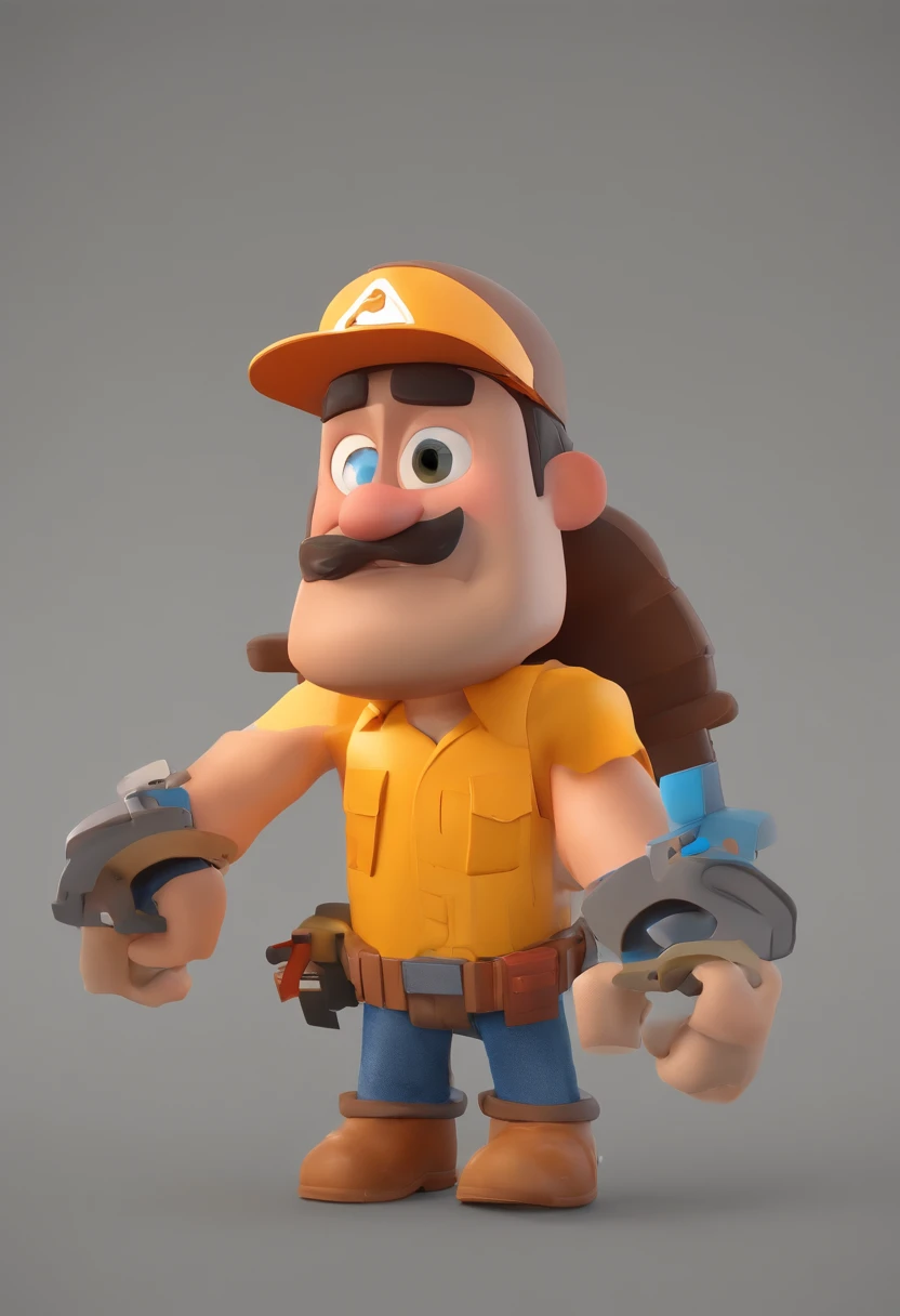 Estilo Pixar: Homem, rosto fino, Brown eyes with construction helmet on head, 27 anos com bigode fino marrom escuro, sem barba, com brinco na orelha direita, with tattoo on the arm, COM CAMISA BRANCA, in a building under construction, retrato do rosto