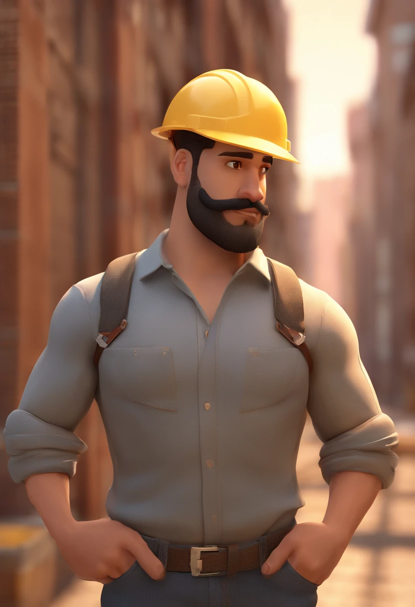 Estilo Pixar: Homem, rosto fino, Brown eyes with construction helmet on head, 27 anos com bigode fino marrom escuro, sem barba, com brinco na orelha direita, with tattoo on the arm, COM CAMISA BRANCA, in a building under construction, retrato do rosto