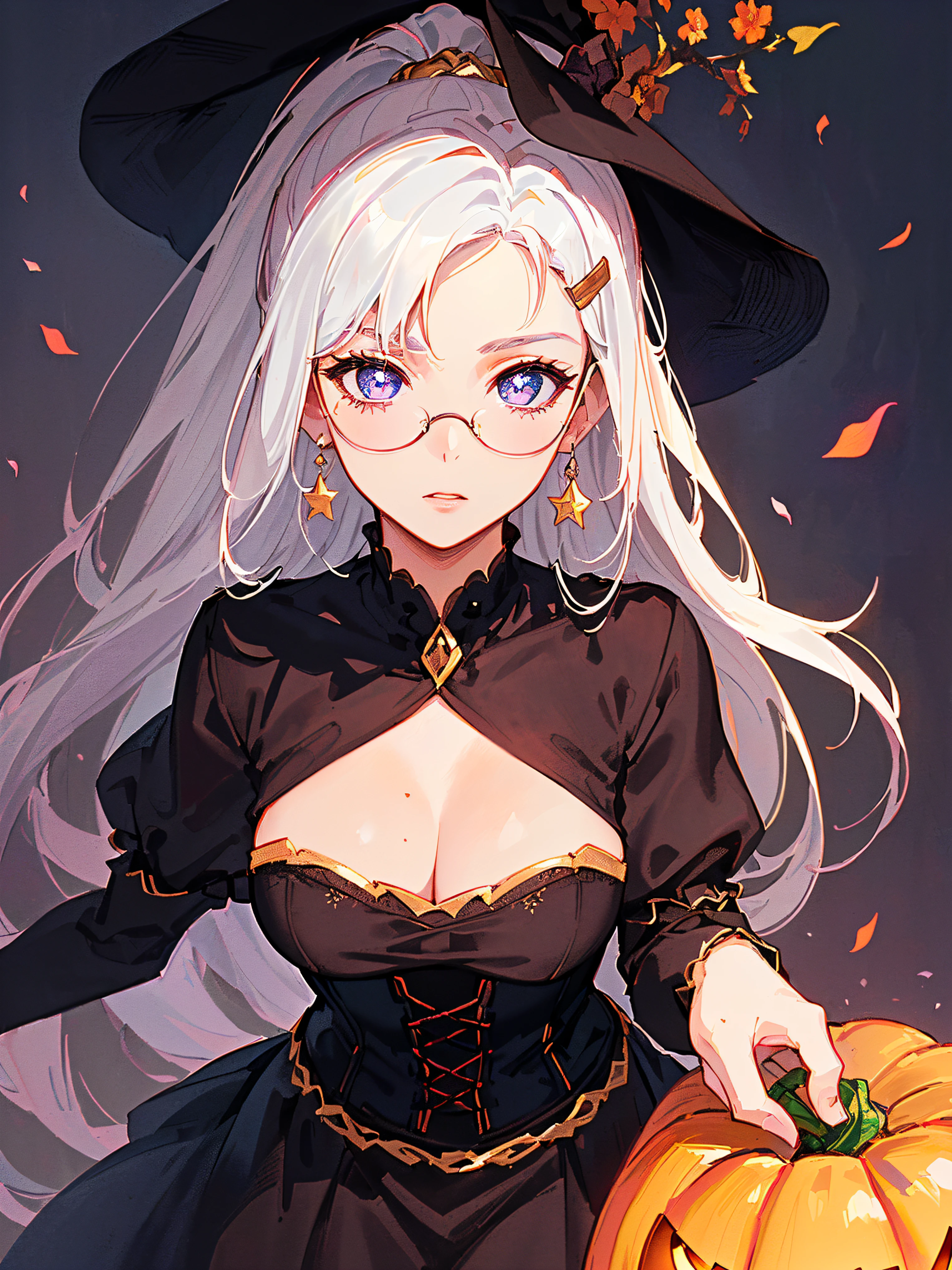 ((((holloween theme,meticulous portrayal of face，1 noblewoman，a matural female，))))(Black dress long dress，)(dark night background+,perfect background)，Prom，Court etiquette，  s the perfect face， Perfect lips， perfect  eyes,)(((theater gothic dress,long sleeves,white hair,puff sleeves,corset,large breasts)))，((1lady,adorable korean mixed race of Saudi Arabia girl，rosto magro，Solo,))(Masterpiece,Best quality, offcial art, Beautiful and aesthetic:1.2),((超高分辨率,Golden ratio,)) (16k),((round eyewear,melon face，from above，1JK,pumpkin,pumpkin light,big purple witch hat)),(Physically-based rendering),Amazing,Sharp focus, (((highdetailskin,))),Intricately detailed clothing，Burgundy pupils,Hexagram pupils,intricate pupils,((((detailed hair|long hair|long bangs|ponytail)))),((Slender,))(masterpiece sidelighting),(The sheen),(beautiful hair,beautiful eyes,）[[Delicate fingers and hands:0.55]::0.85],(Detail fingers),(((Superior quality)))),((unbelievable Ridiculous,)),((extremely_Detailed_Eyes_and_face)),Movie girl,(Dynamic configuration: 1.2),Brilliant,Beautiful woman, (Photorealistic),( maple,), mitts, star earrings, ((hairclip)), Light particles, view the viewer,  petals, Side Rock,, two-sided fabric