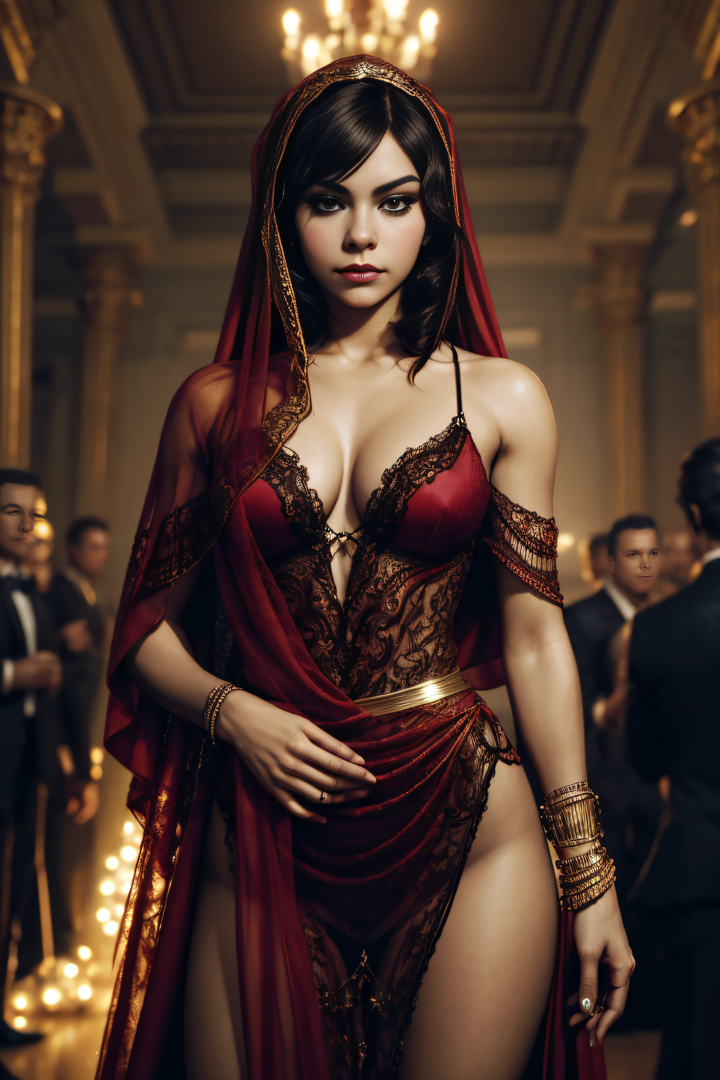 Vanessa Hudgens, wearingelegant veil sexy clothes, standing inside a crowded ballroom, character portrait, 3 9 9 0 s, short hair, intricate, elegant, highly detailed, digital painting, artstation, concept art, smooth, sharp focus, illustration, art by wlop, charlie bowater and alexandra fomina