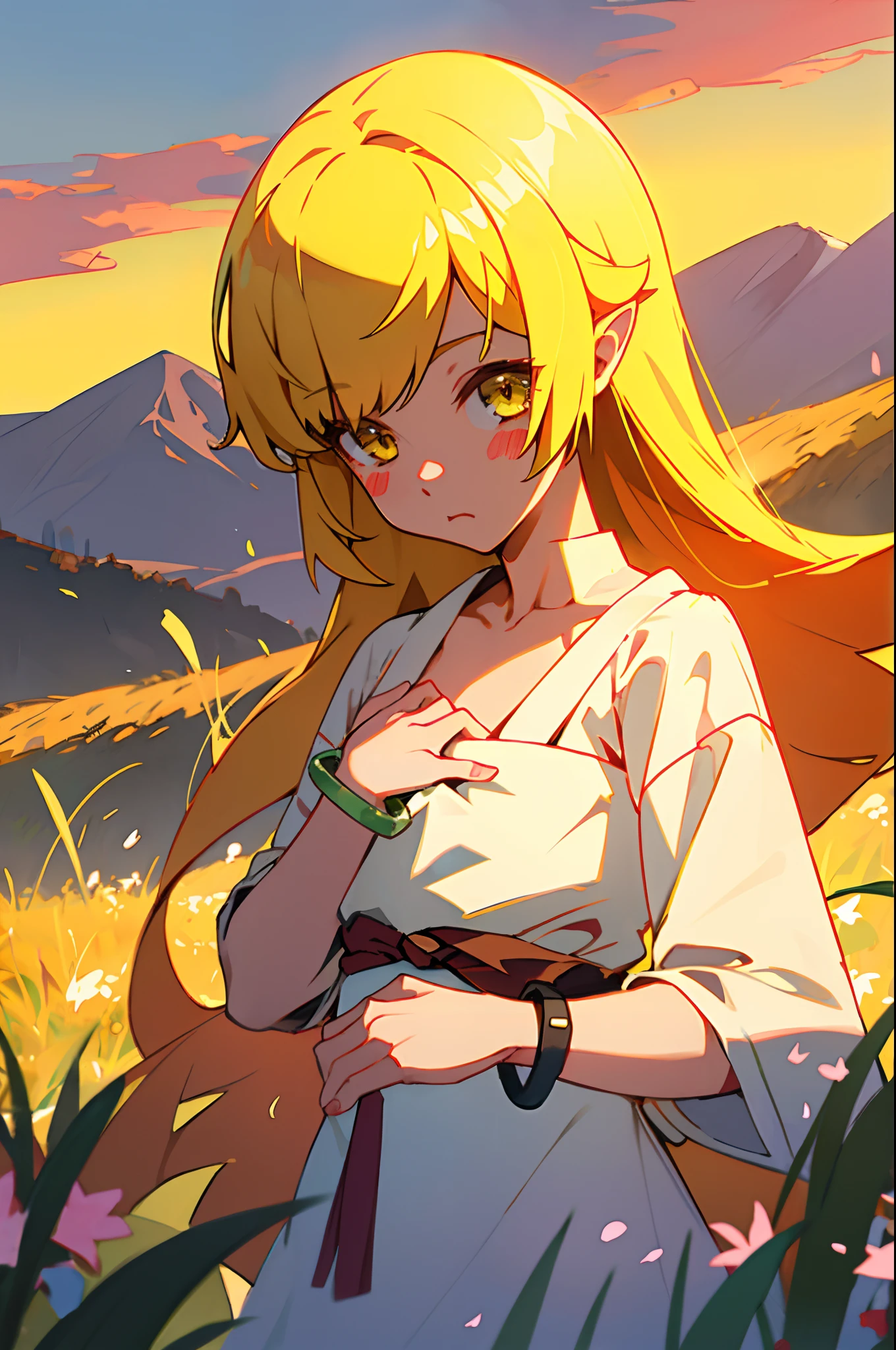 1girll, Solo, Female, (oshino_shinobi),(Blonde) (Blonde_Hair), (Yellow_Hair), ((Long_Hair)), ((bangs)), (Yellow_Eyes), Blush, Cute, Innocent face, spiky_hor ears, (Blush_Stickers), flat_chest,
dress, bow, Bracelet, poison fangs, portrait
Global illumination, HDRI, Subsurface scattering, Masterpiece, 4K, Ray traching, Beautiful, Sharp, Smooth skin, full bloom, anime
sunset, Nature, Mountains, Clouds, Grass, Flowers, glowworm, Lake