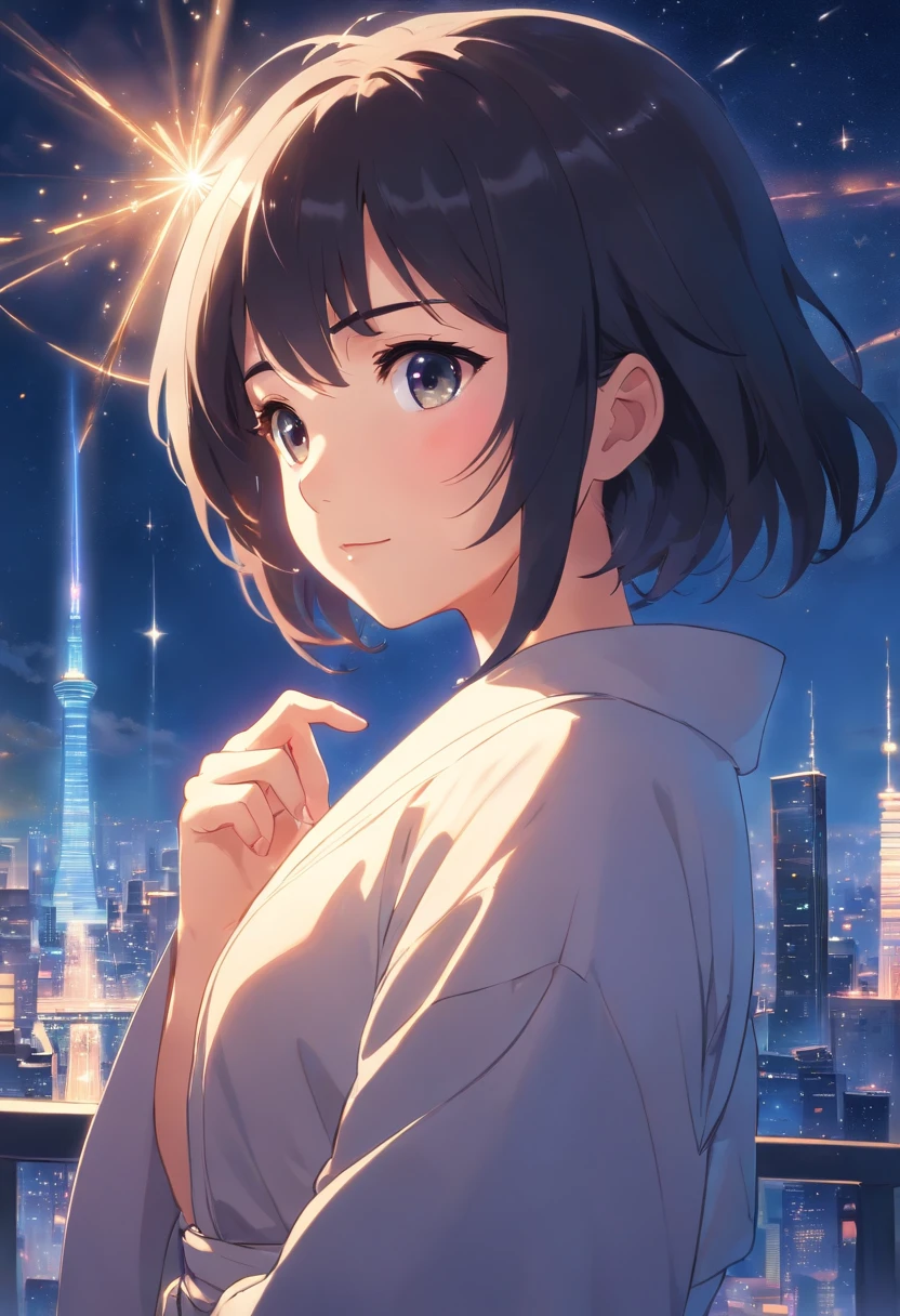 Reflections of light, sparkles, Black hair ,girl, very shy, blushing, view from top, girl look up, high quality, wearing dress, shy face, Wearing a robe