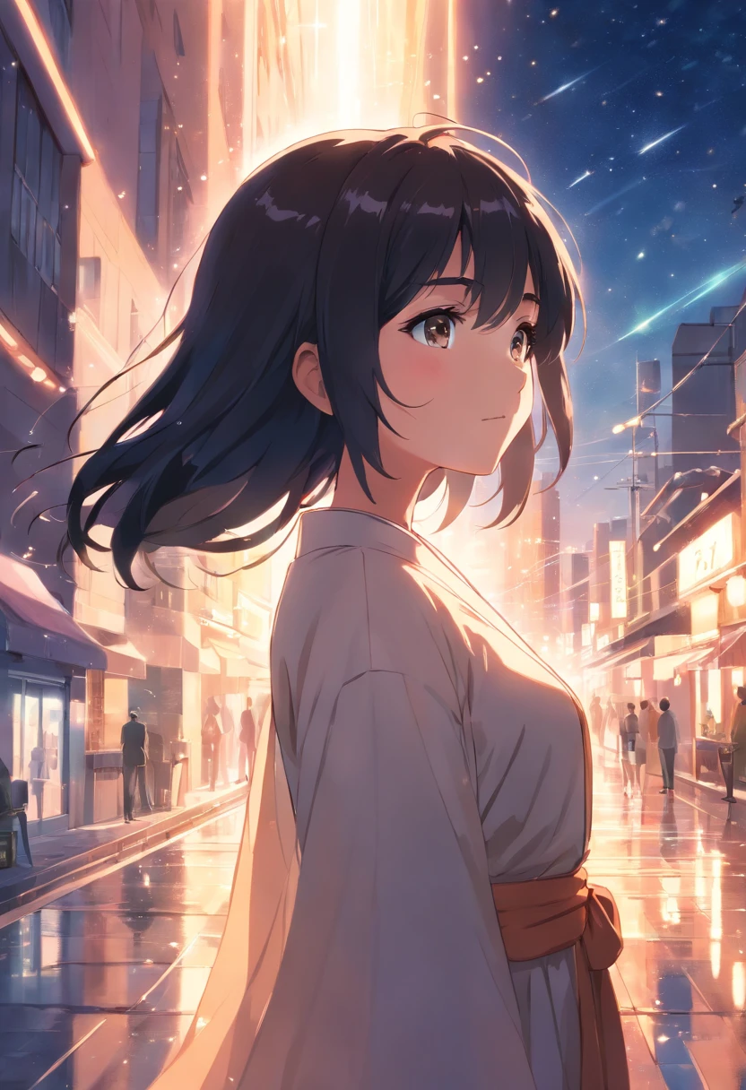 Reflections of light, sparkles, Black hair ,girl, very shy, blushing, view from top, girl look up, high quality, wearing dress, shy face, Wearing a robe