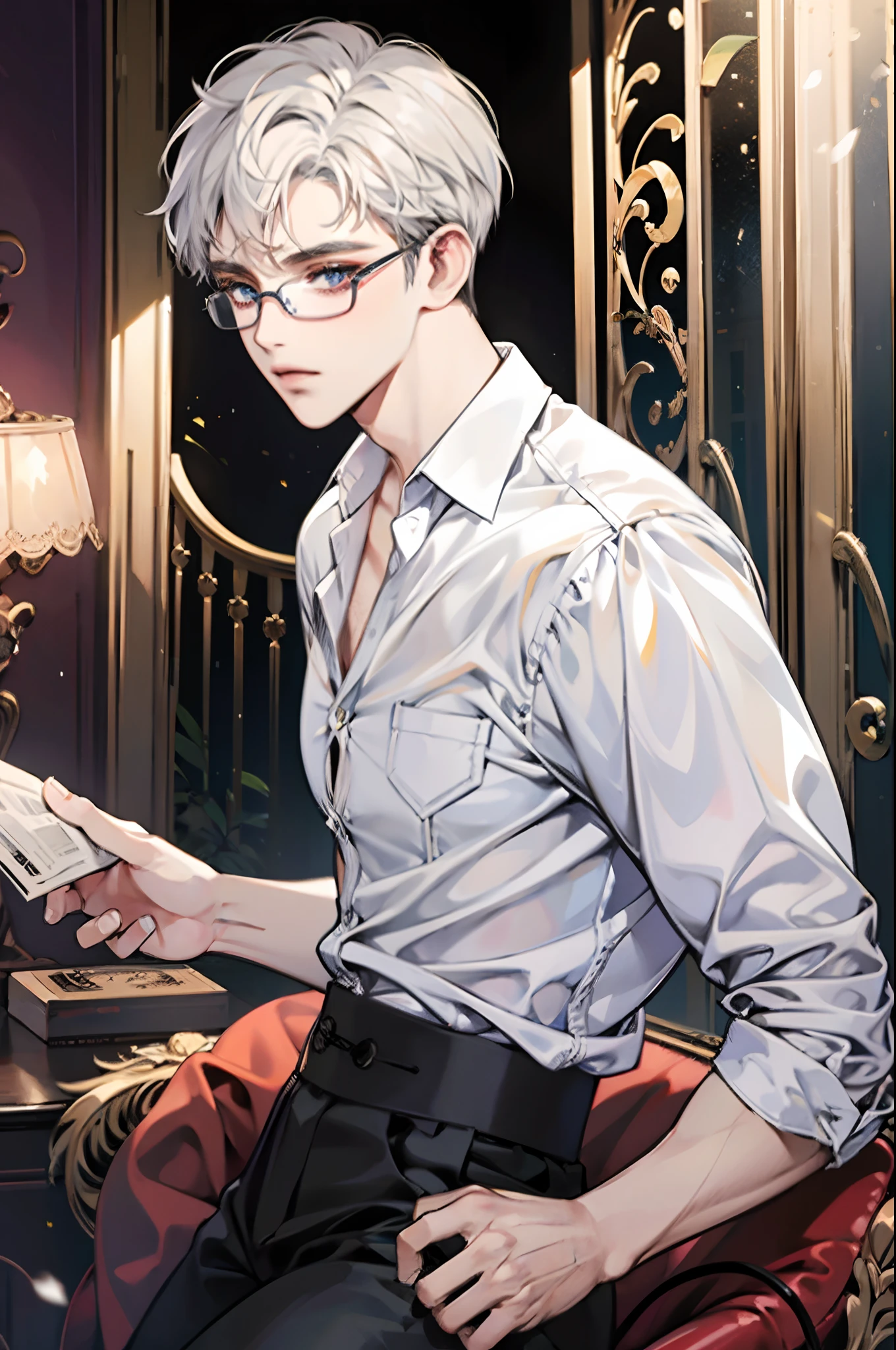 short white hair，Wearing glasses，Iritating eyes，Loose shirt，No bangs，（（Male students）），Look into the camera，Pay attention to the proportions。