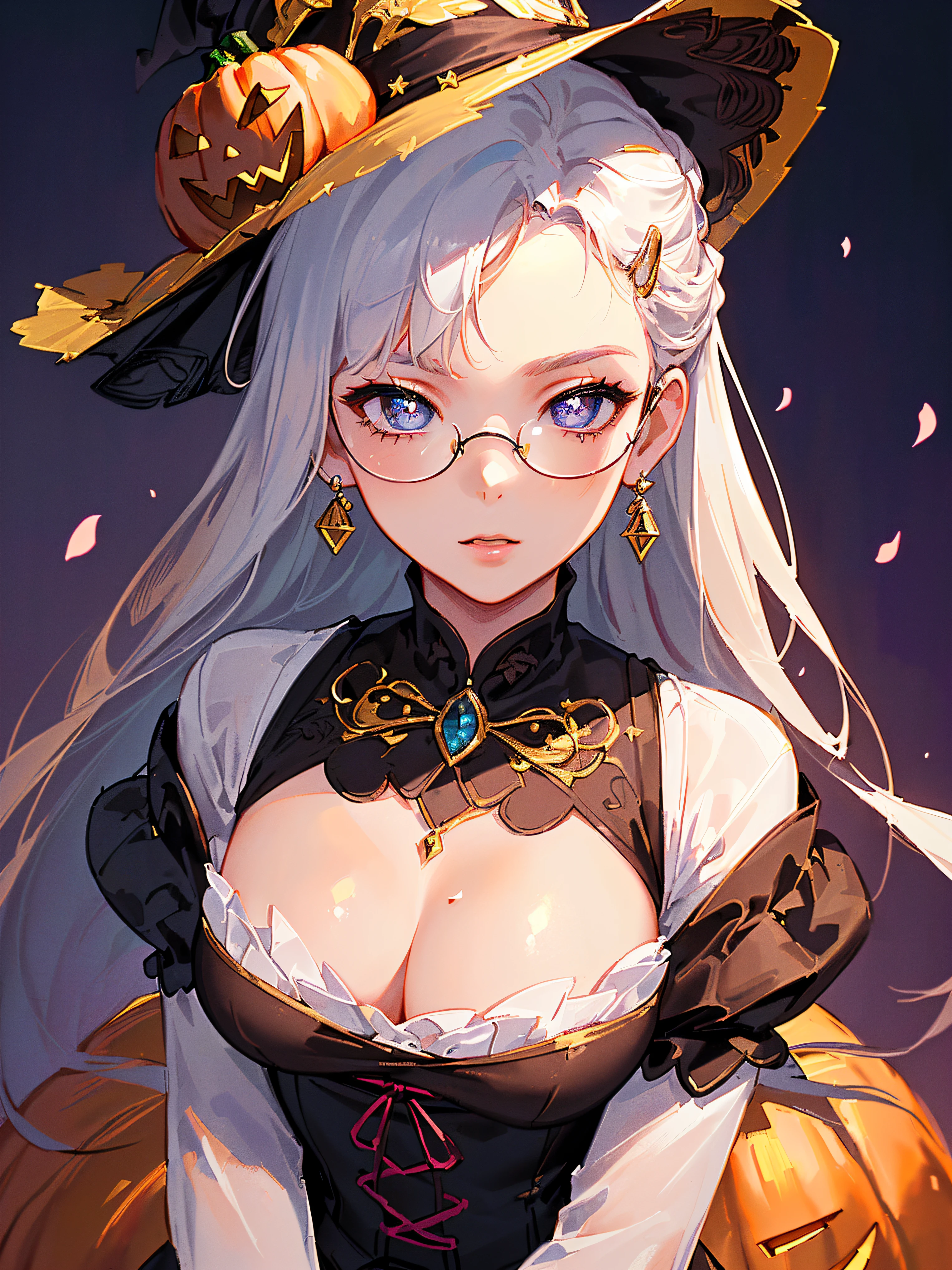 ((((holloween theme,meticulous portrayal of face，1 noblewoman，a matural female，))))(Black dress long dress，)(dark night background+,perfect background)，Prom，Court etiquette，  s the perfect face， Perfect lips， perfect  eyes,)(((theater gothic dress,long sleeves,white hair,puff sleeves,corset,large breasts)))，((1lady,adorable korean mixed race of Saudi Arabia girl，rosto magro，Solo,))(Masterpiece,Best quality, offcial art, Beautiful and aesthetic:1.2),((超高分辨率,Golden ratio,)) (16k),((hawk mask,round eyewear,melon face，from above，1JK,pumpkin,pumpkin light,big purple witch hat)),(Physically-based rendering),Amazing,Sharp focus, (((highdetailskin,))),Intricately detailed clothing，Burgundy pupils,Hexagram pupils,intricate pupils,((((detailed hair|long hair|long bangs|ponytail)))),((Slender,))(masterpiece sidelighting),(The sheen),(beautiful hair,beautiful eyes,）[[Delicate fingers and hands:0.55]::0.85],(Detail fingers),(((Superior quality)))),((unbelievable Ridiculous,)),((extremely_Detailed_Eyes_and_face)),Movie girl,(Dynamic configuration: 1.2),Brilliant,Beautiful woman, (Photorealistic),( maple,), mitts, star earrings, ((hairclip)), Light particles, view the viewer,  petals, Side Rock,, two-sided fabric