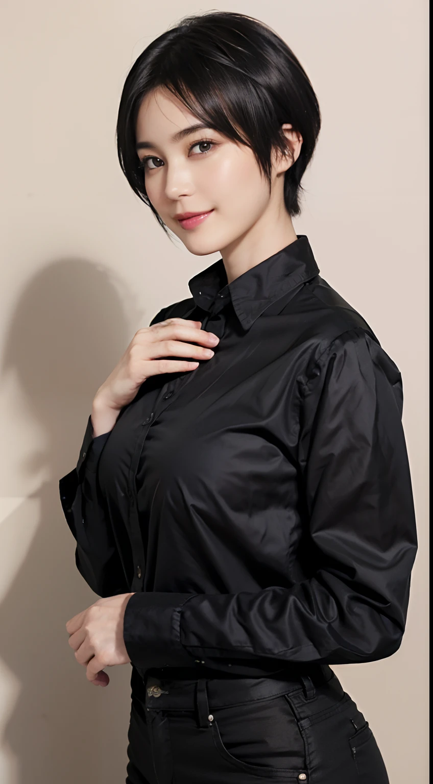 87
(a 20 yo woman,is standing), (A hyper-realistic), (masutepiece), ((short-hair:1.46)), (Smooth black hair), (Breast:1.0), (kindly smile), wear long pants, (Wearing a long-sleeved shirt), (Beautiful skin:1.5), (Big paintings)